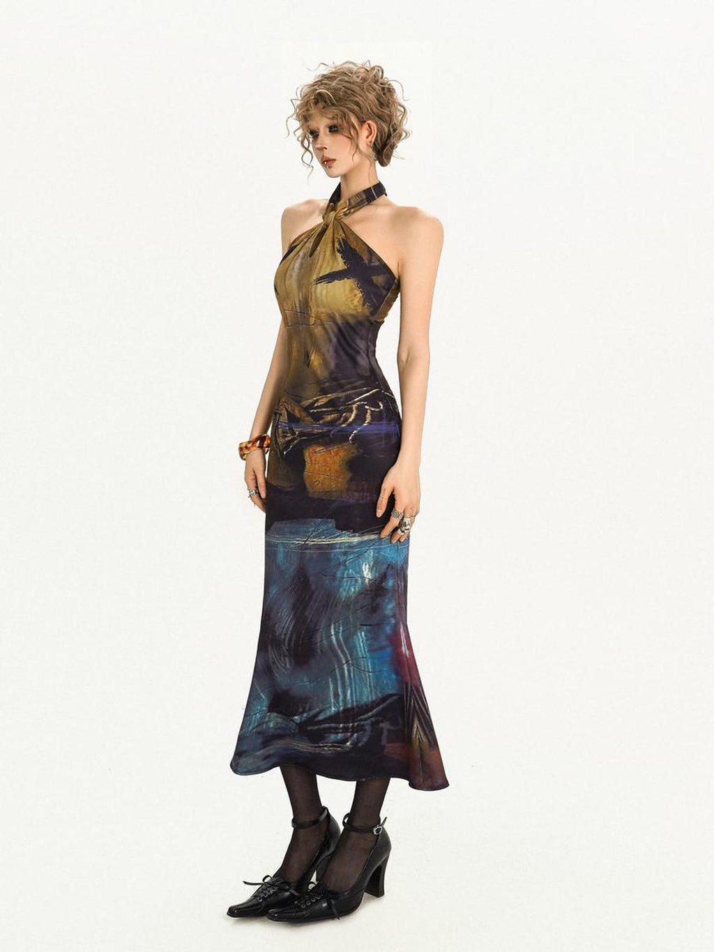 Nico Molly Elegant High Waist Halter Mermaid Sleeveless Deep Blue Women Party Midi Dresses
