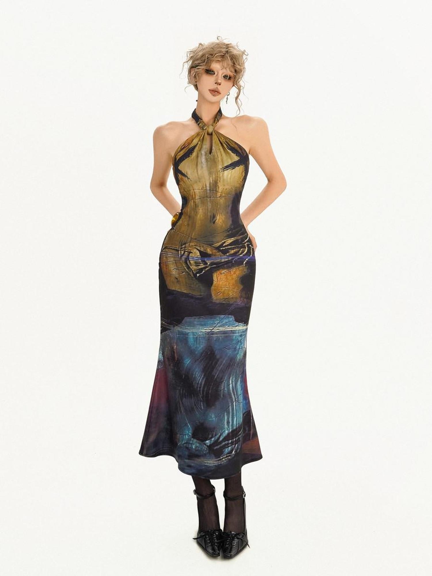 Nico Molly Elegant High Waist Halter Mermaid Sleeveless Deep Blue Women Party Midi Dresses