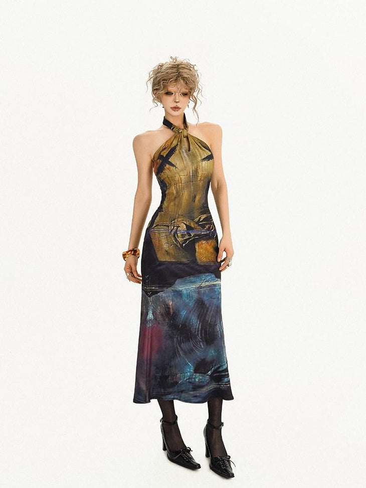 Nico Molly Elegant High Waist Halter Mermaid Sleeveless Deep Blue Women Party Midi Dresses