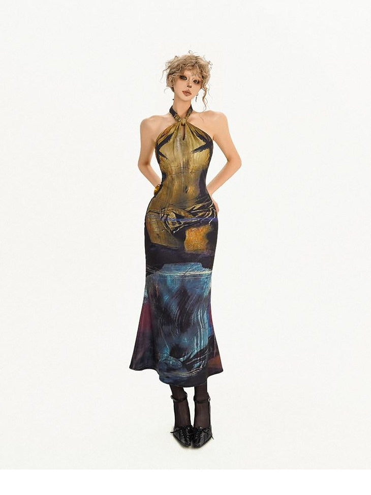 Nico Molly Elegant High Waist Halter Mermaid Sleeveless Deep Blue Women Party Midi Dresses