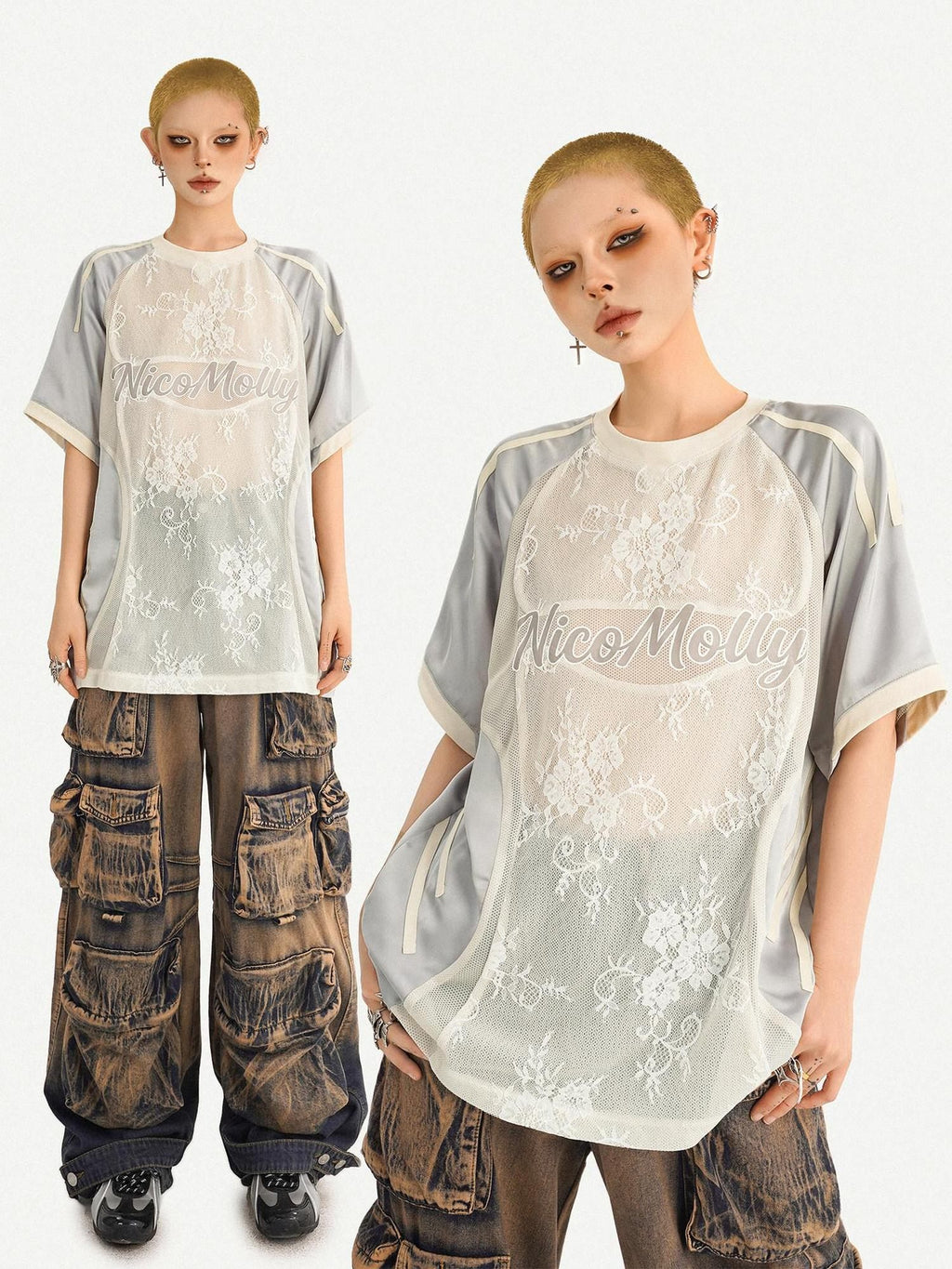 Nico Molly Embroidered Patch Sport Loose Unisex Silver Letter Crewneck Short Sleeve T-Shirts