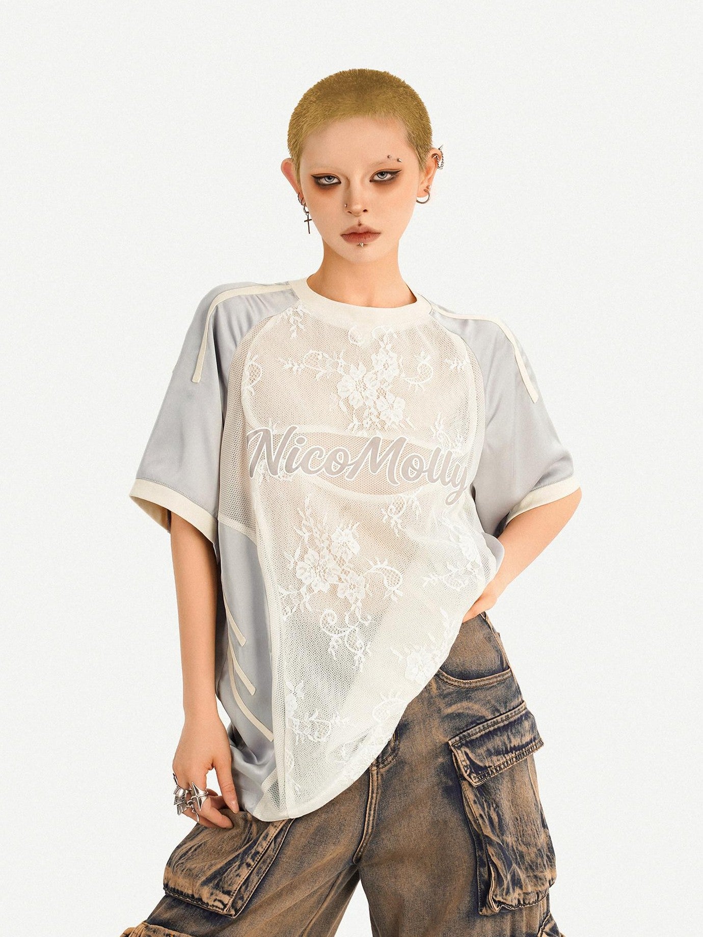 Nico Molly Embroidered Patch Sport Loose Unisex Silver Letter Crewneck Short Sleeve T-Shirts