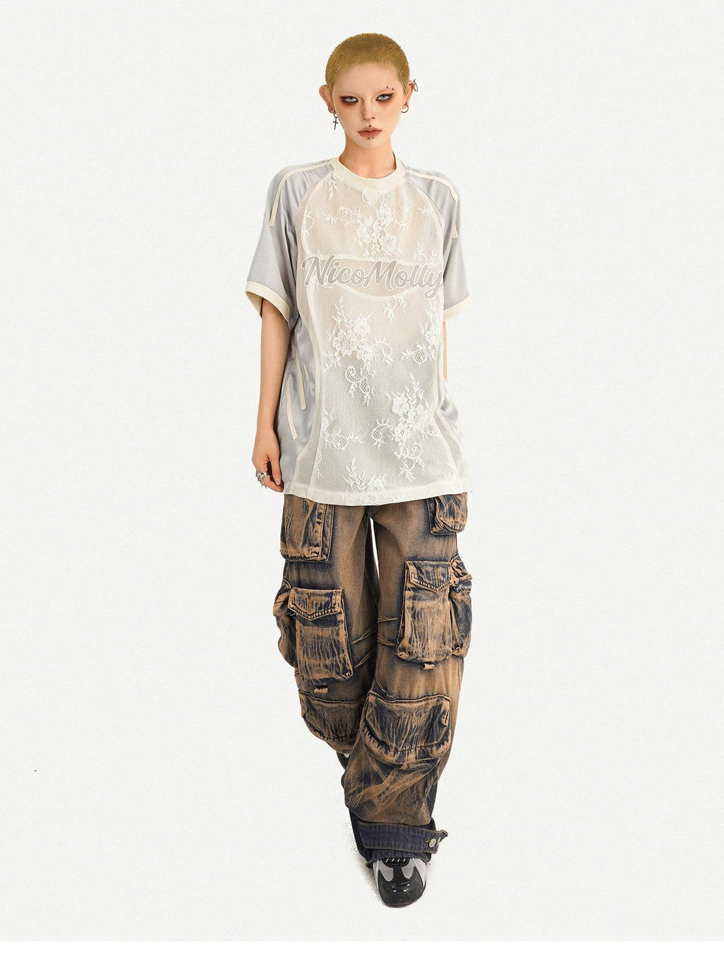 Nico Molly Embroidered Patch Sport Loose Unisex Silver Letter Crewneck Short Sleeve T-Shirts