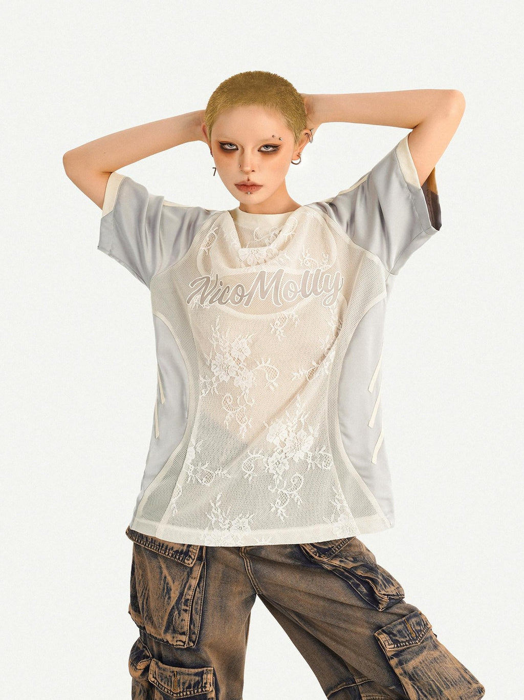Nico Molly Embroidered Patch Sport Loose Unisex Silver Letter Crewneck Short Sleeve T-Shirts