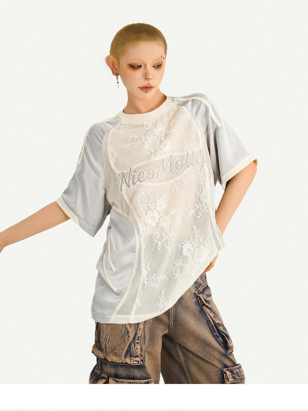 Nico Molly Embroidered Patch Sport Loose Unisex Silver Letter Crewneck Short Sleeve T-Shirts
