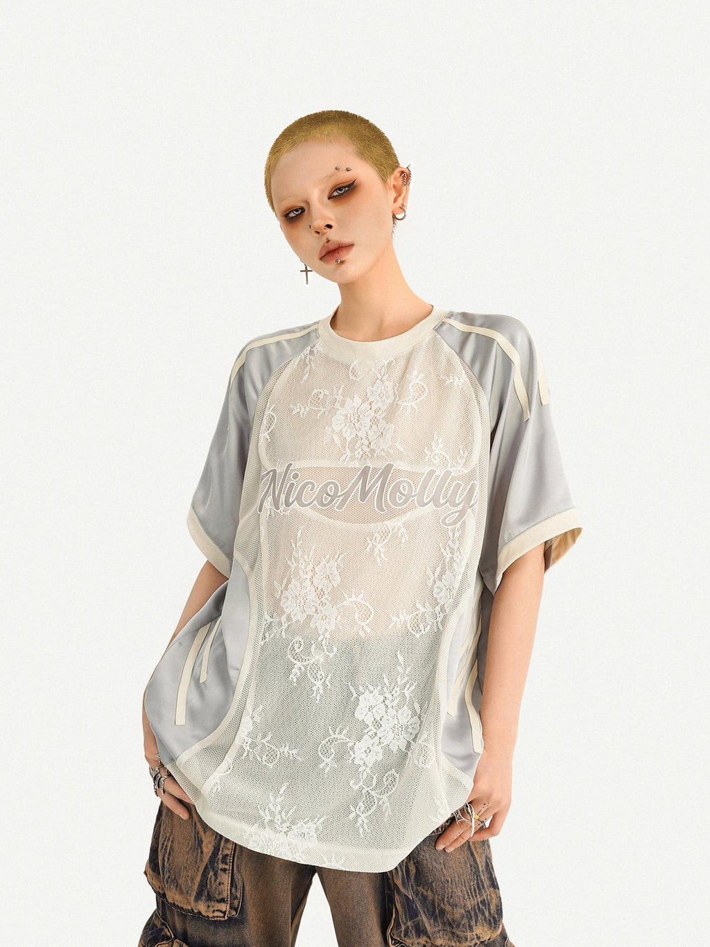 Nico Molly Embroidered Patch Sport Loose Unisex Silver Letter Crewneck Short Sleeve T-Shirts