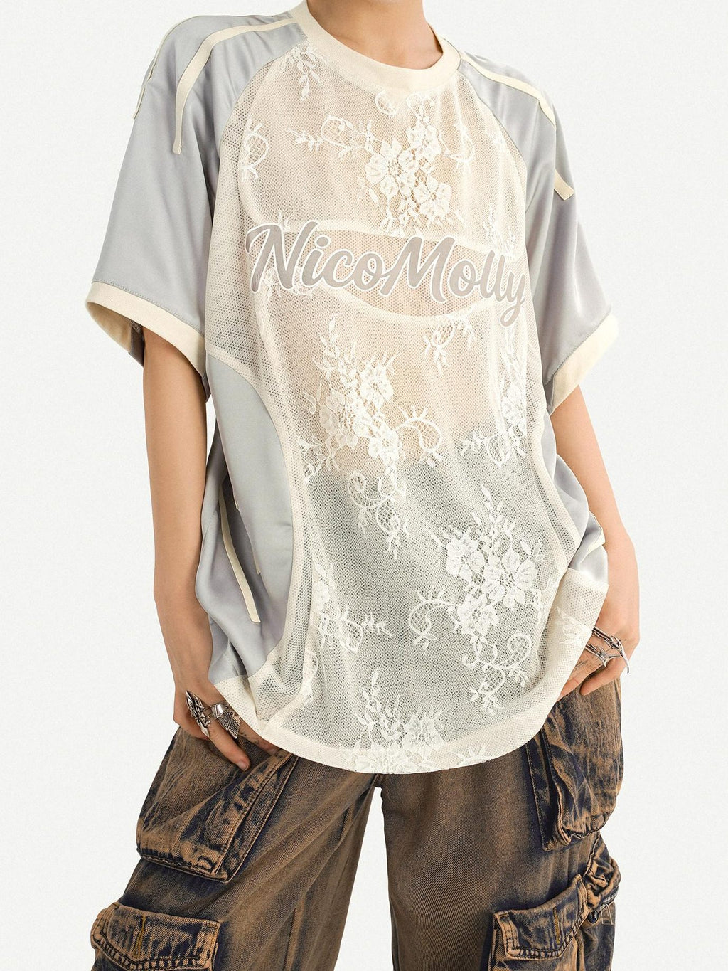 Nico Molly Embroidered Patch Sport Loose Unisex Silver Letter Crewneck Short Sleeve T-Shirts