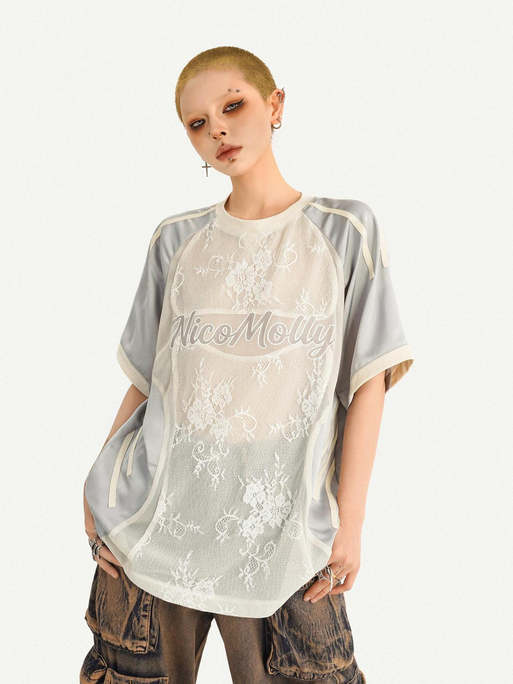 Nico Molly Embroidered Patch Sport Loose Unisex Silver Letter Crewneck Short Sleeve T-Shirts
