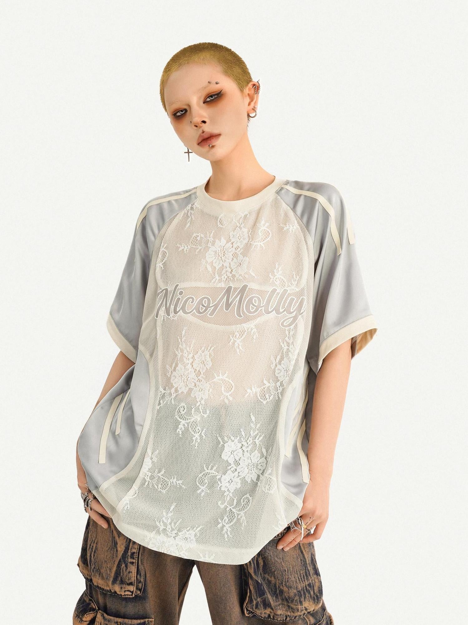 Nico Molly Embroidered Patch Sport Loose Unisex Silver Letter Crewneck Short Sleeve T-Shirts