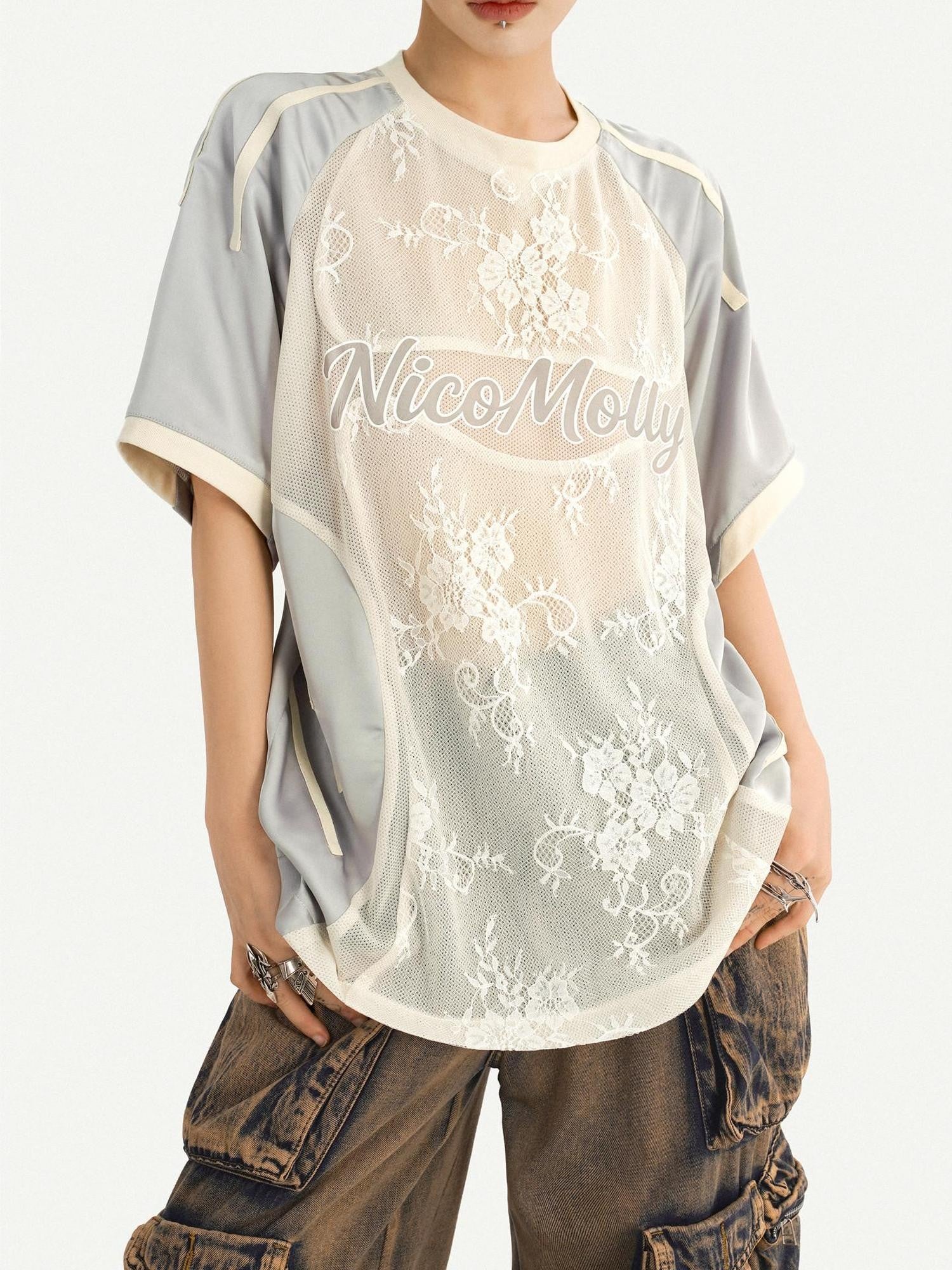 Nico Molly Embroidered Patch Sport Loose Unisex Silver Letter Crewneck Short Sleeve T-Shirts