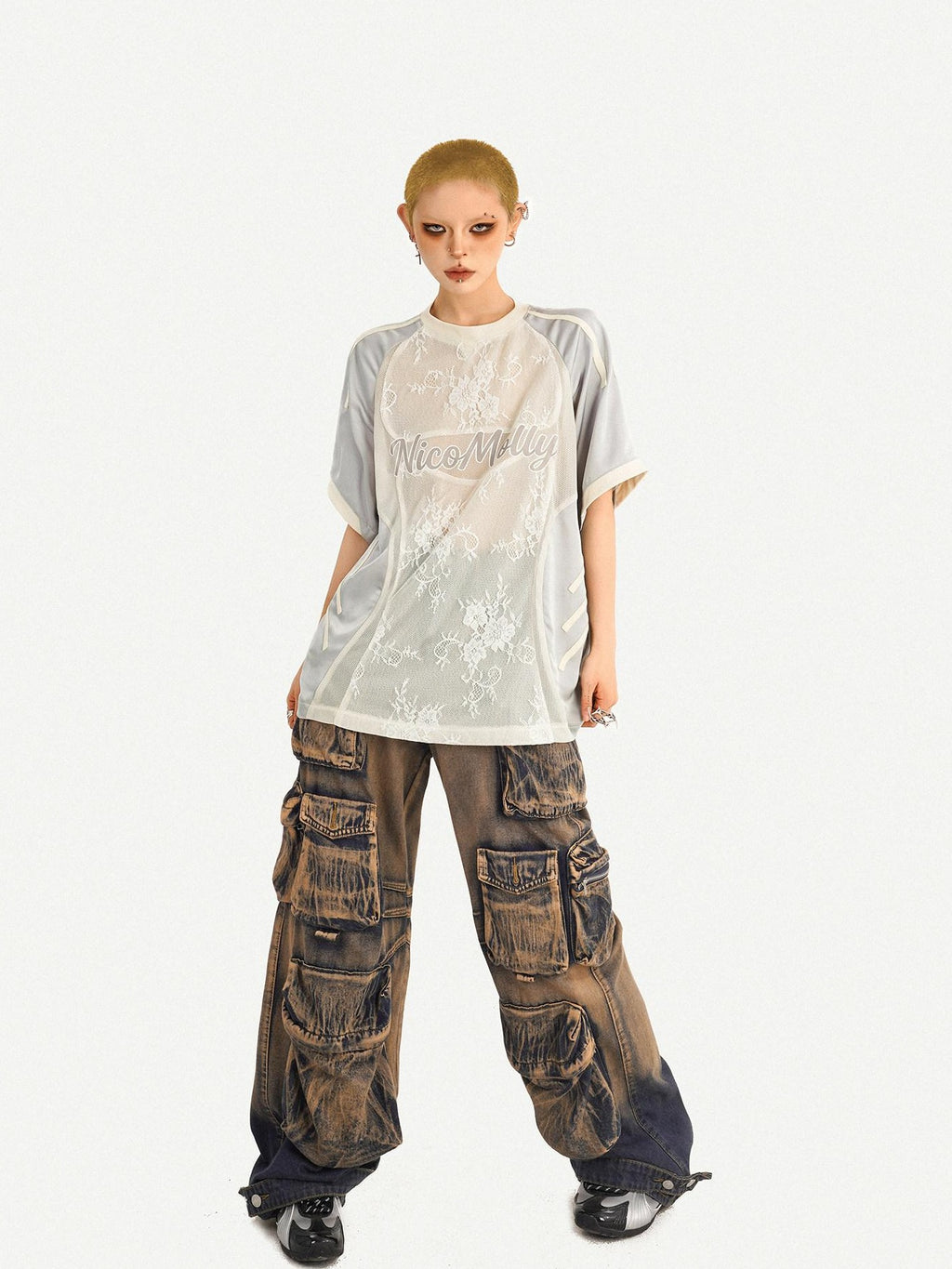 Nico Molly Embroidered Patch Sport Loose Unisex Silver Letter Crewneck Short Sleeve T-Shirts