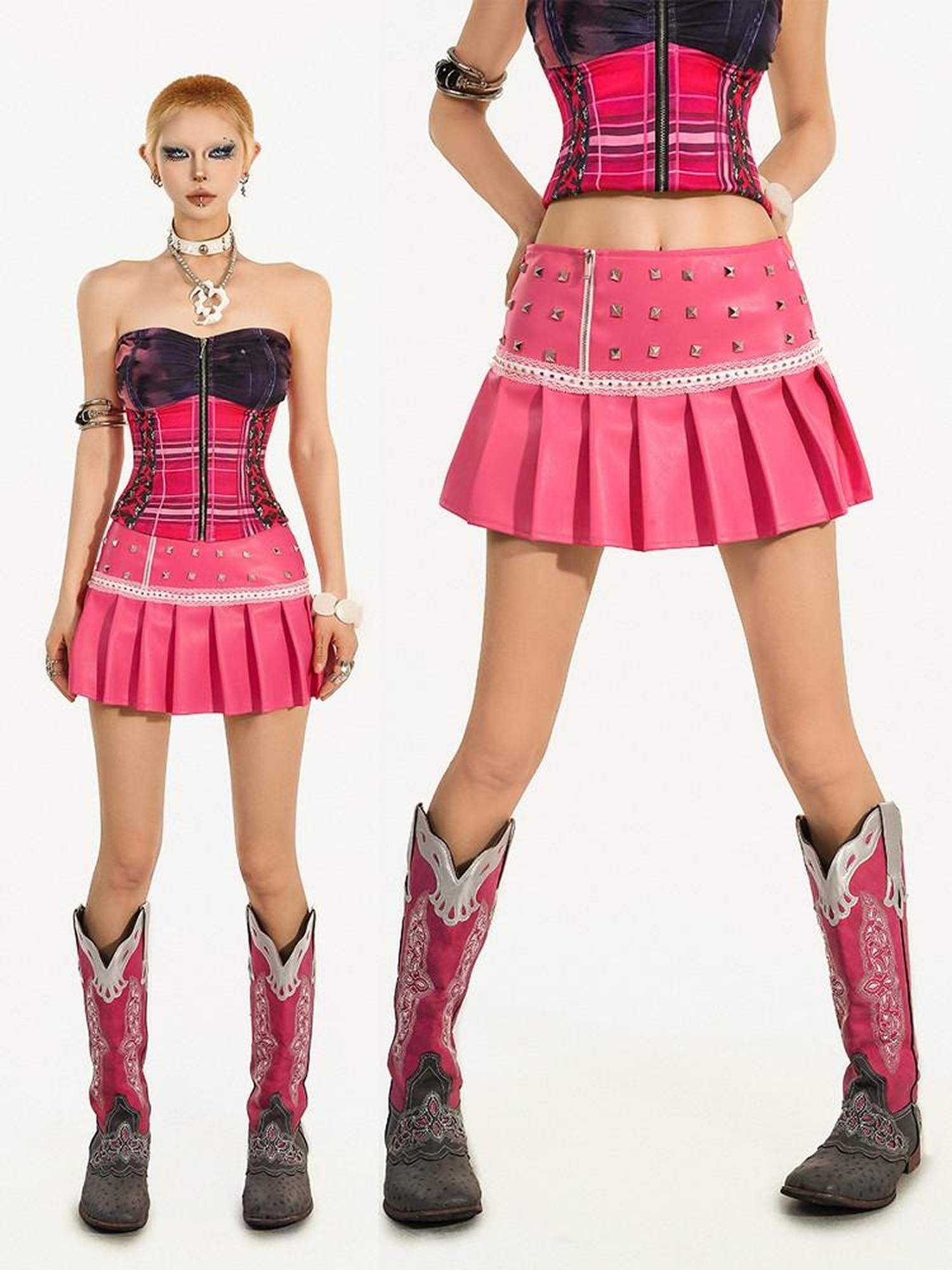 Nico Molly Embroidered Pu Low Waist A Line Sweet Studded Pink Party Campus Mini Skirts
