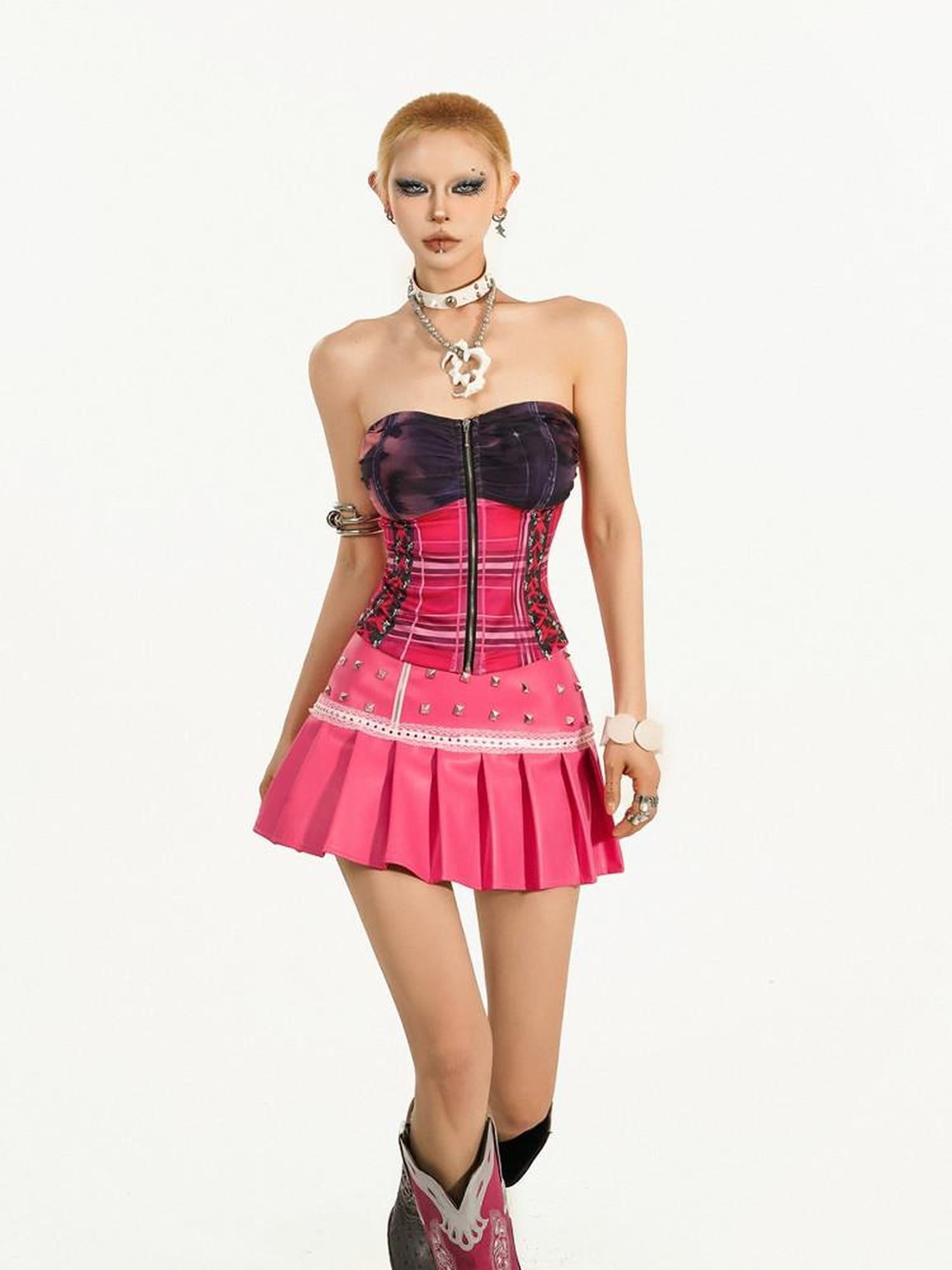 Nico Molly Embroidered Pu Low Waist A Line Sweet Studded Pink Party Campus Mini Skirts