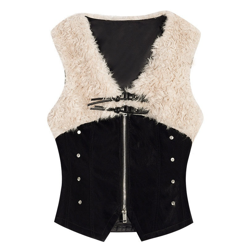 Nico_Molly_Faux_Fur_Collar_V-neck_Cropped_Slim_Patchwork_Zip_Schoolgirl_Citywalk_Vests_MISSTT