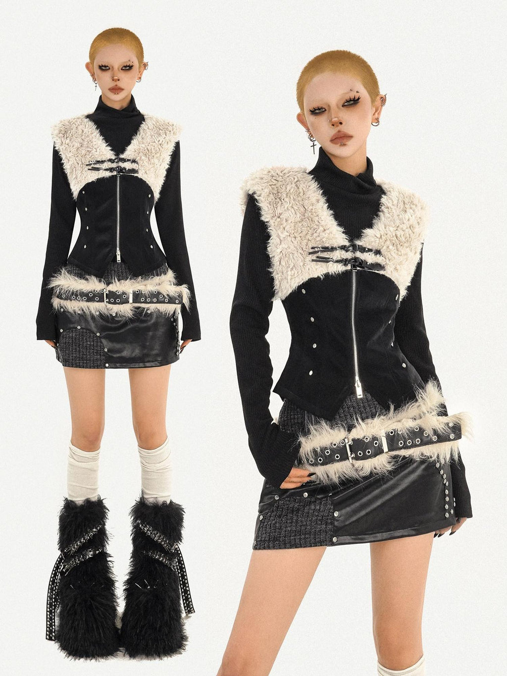 Nico Molly Faux Fur Collar V-neck Cropped Slim Patchwork Zip Schoolgirl Citywalk Vests