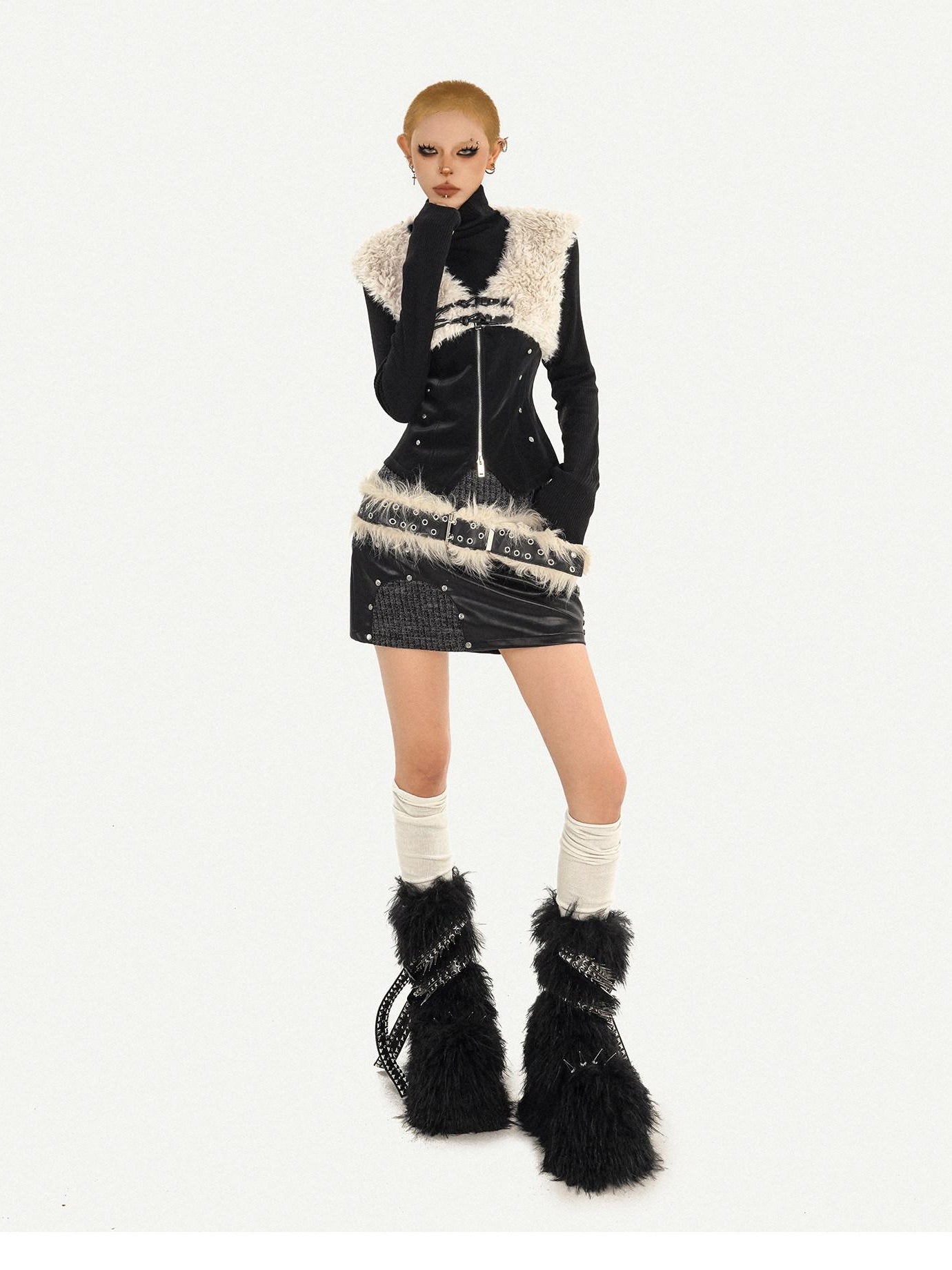 Nico Molly Faux Fur Collar V-neck Cropped Slim Patchwork Zip Schoolgirl Citywalk Vests