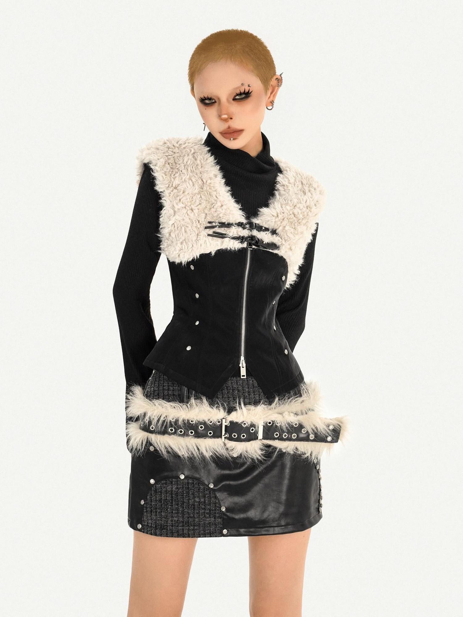 Nico Molly Faux Fur Collar V-neck Cropped Slim Patchwork Zip Schoolgirl Citywalk Vests