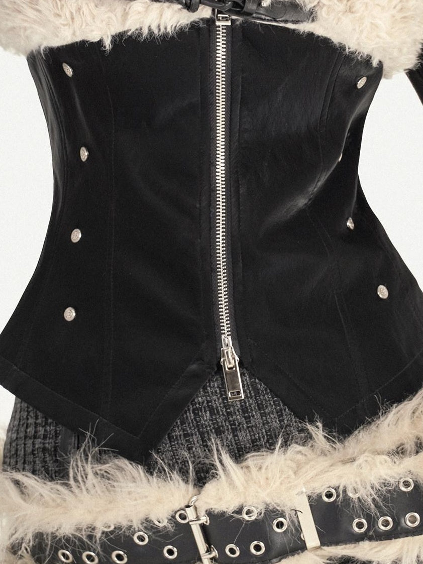 Nico Molly Faux Fur Collar V-neck Cropped Slim Patchwork Zip Schoolgirl Citywalk Vests