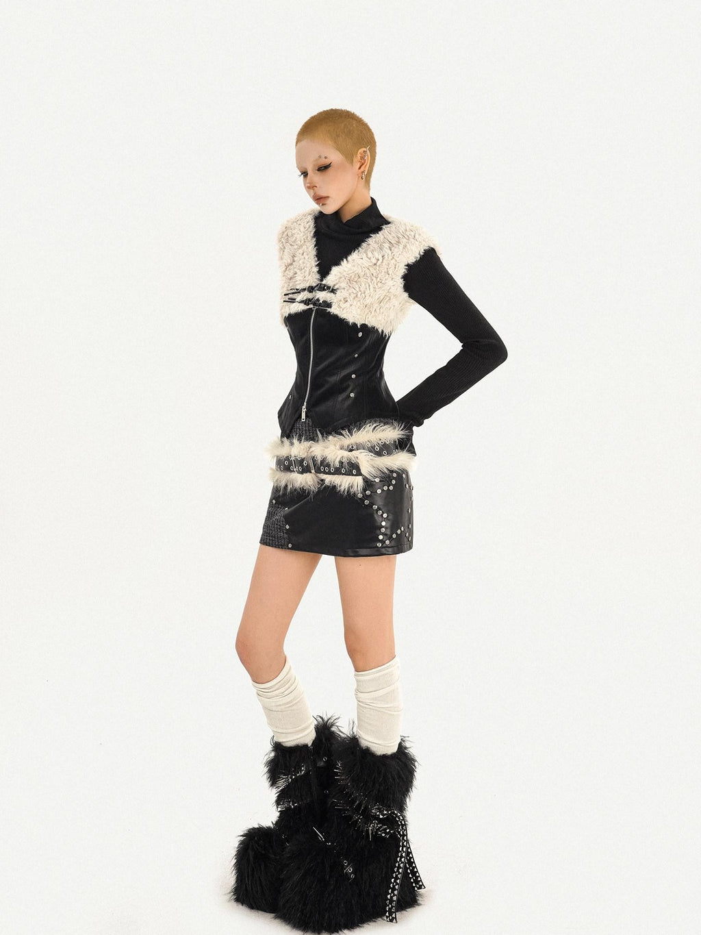 Nico Molly Faux Fur Collar V-neck Cropped Slim Patchwork Zip Schoolgirl Citywalk Vests