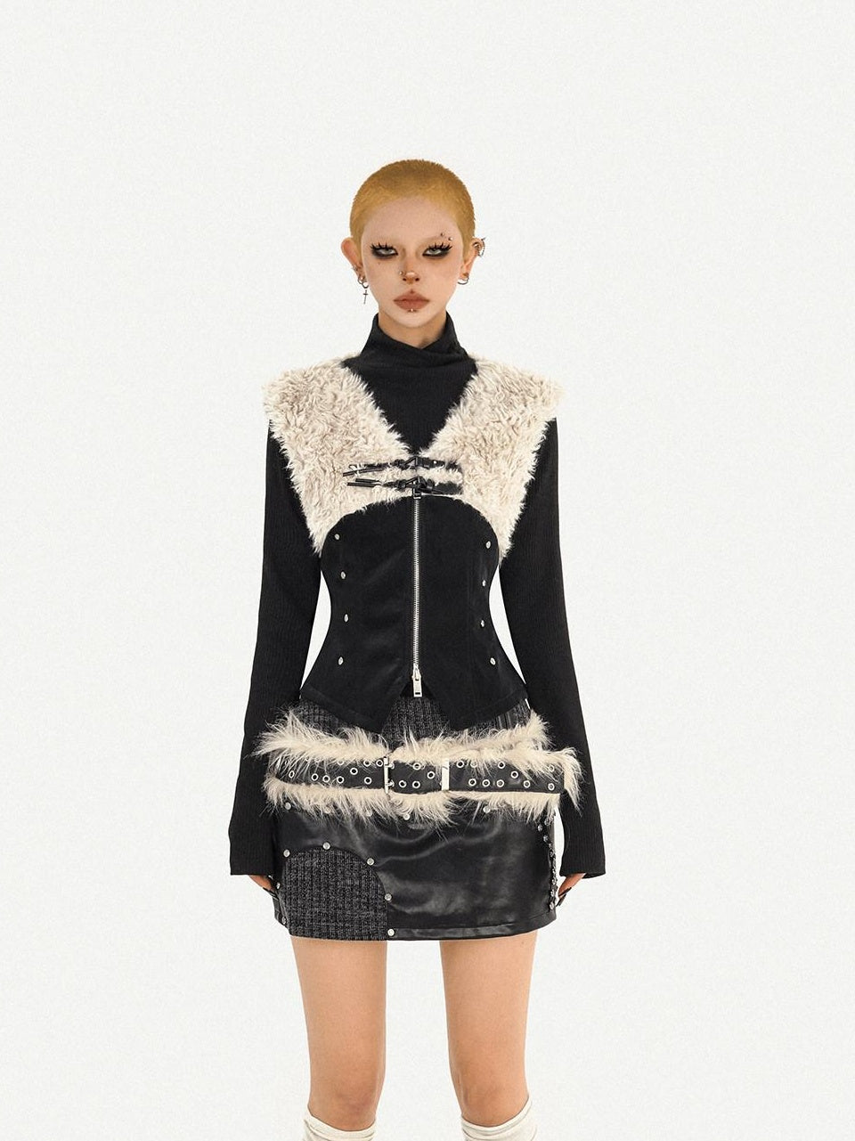 Nico Molly Faux Fur Collar V-neck Cropped Slim Patchwork Zip Schoolgirl Citywalk Vests