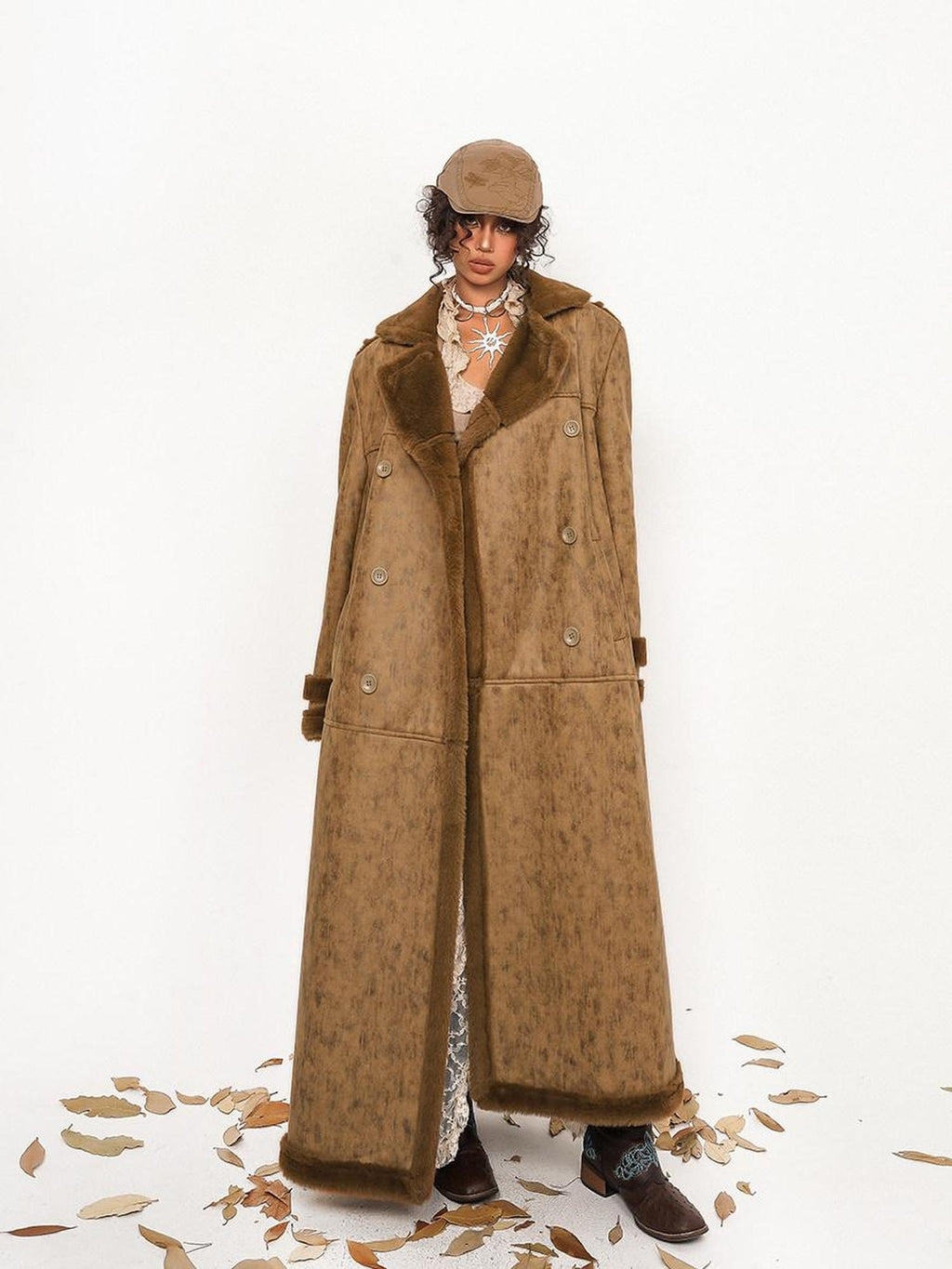 Nico Molly Faux Shearling Lined Vintage 3 Button Relaxed Fit Unisex Camel Long Coats