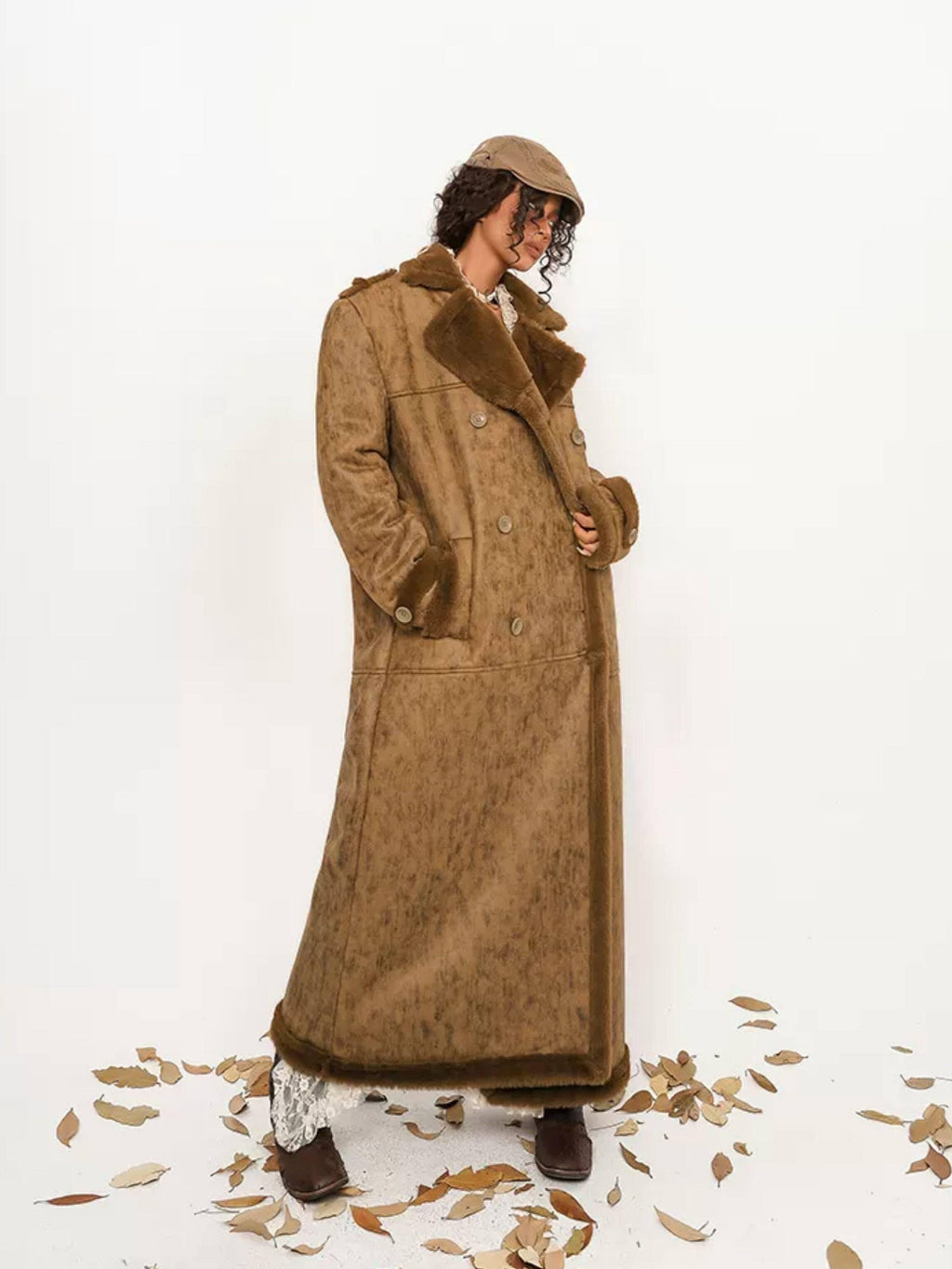 Nico Molly Faux Shearling Lined Vintage 3 Button Relaxed Fit Unisex Camel Long Coats
