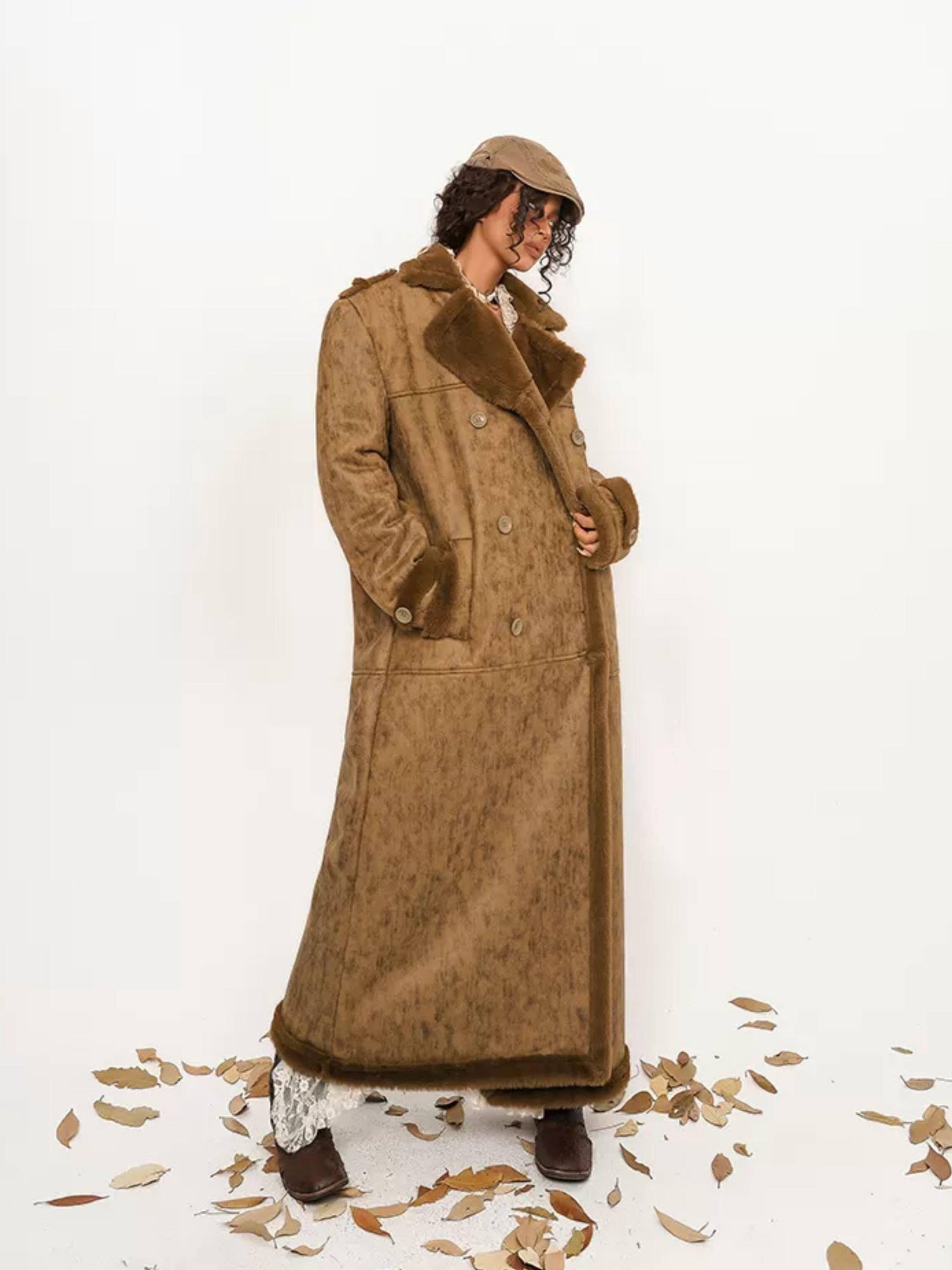 Nico Molly Faux Shearling Lined Vintage 3 Button Relaxed Fit Unisex Camel Long Coats