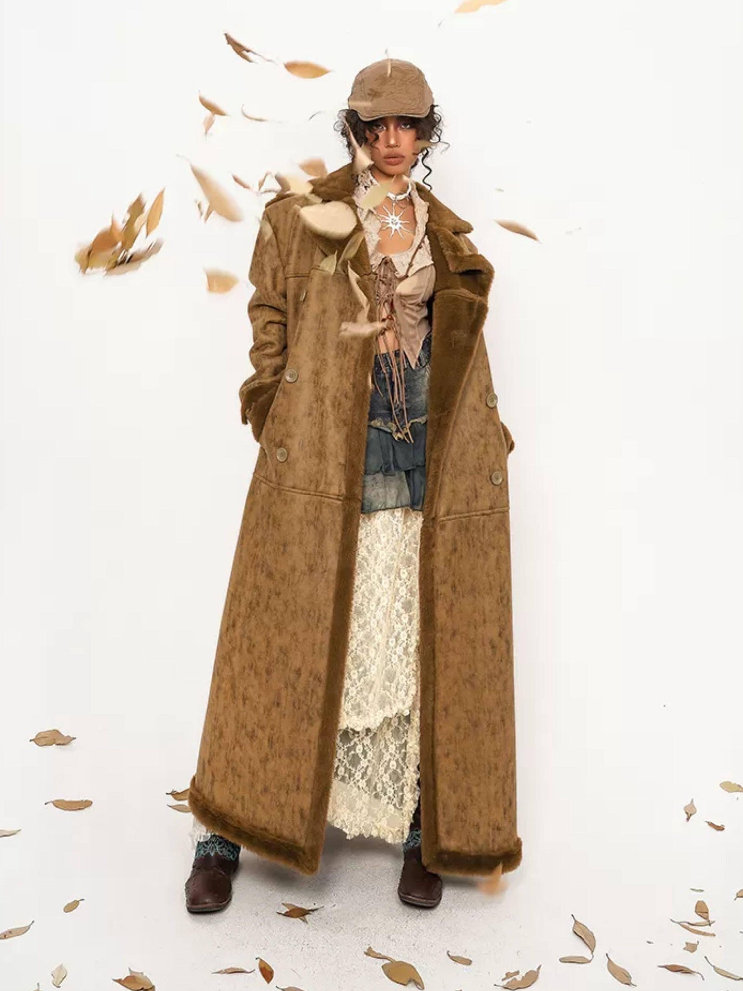 Nico Molly Faux Shearling Lined Vintage 3 Button Relaxed Fit Unisex Camel Long Coats