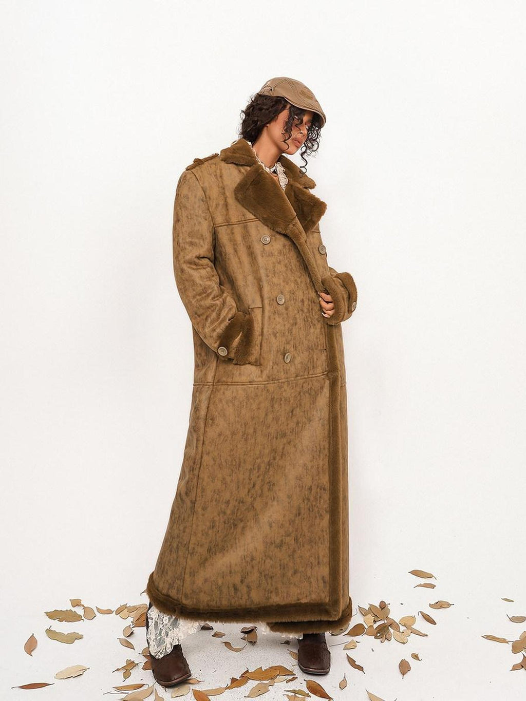 Nico Molly Faux Shearling Lined Vintage 3 Button Relaxed Fit Unisex Camel Long Coats