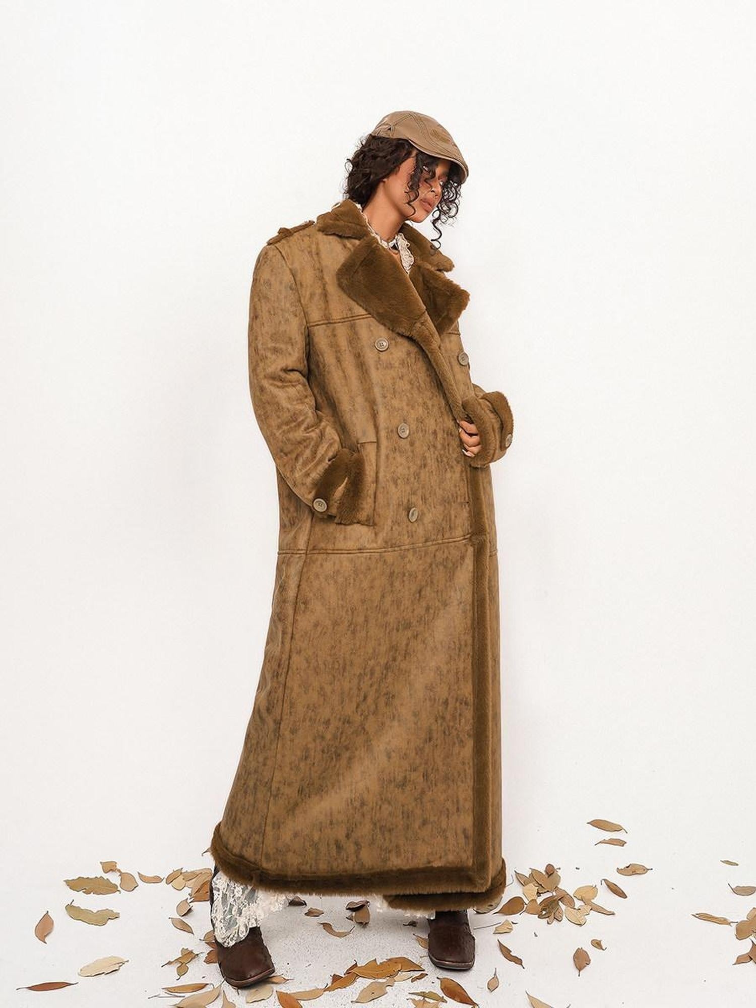 Nico Molly Faux Shearling Lined Vintage 3 Button Relaxed Fit Unisex Camel Long Coats