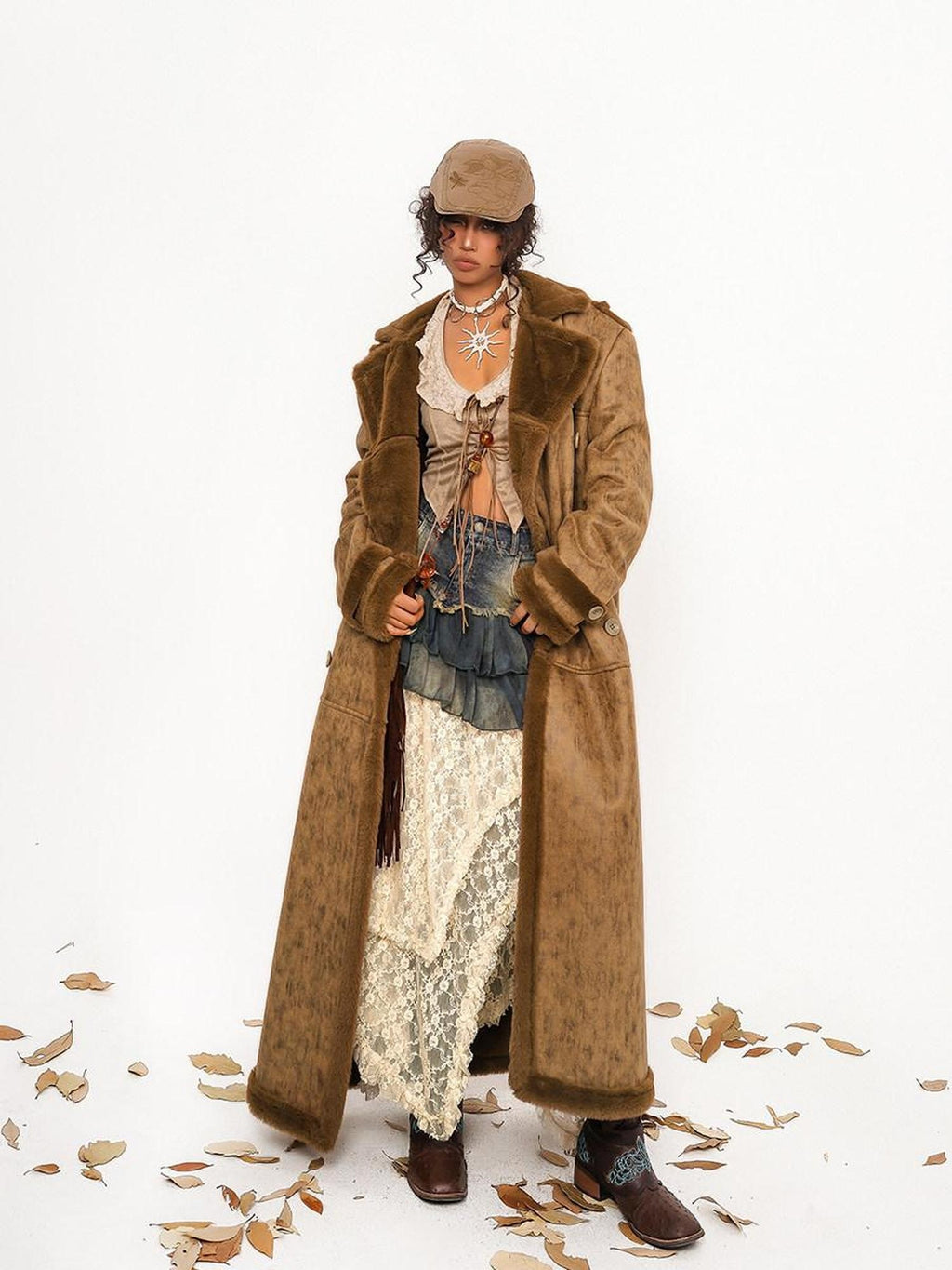 Nico Molly Faux Shearling Lined Vintage 3 Button Relaxed Fit Unisex Camel Long Coats