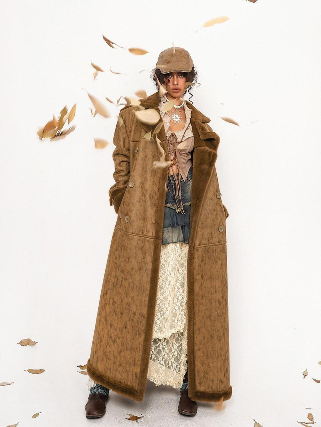 Nico Molly Faux Shearling Lined Vintage 3 Button Relaxed Fit Unisex Camel Long Coats