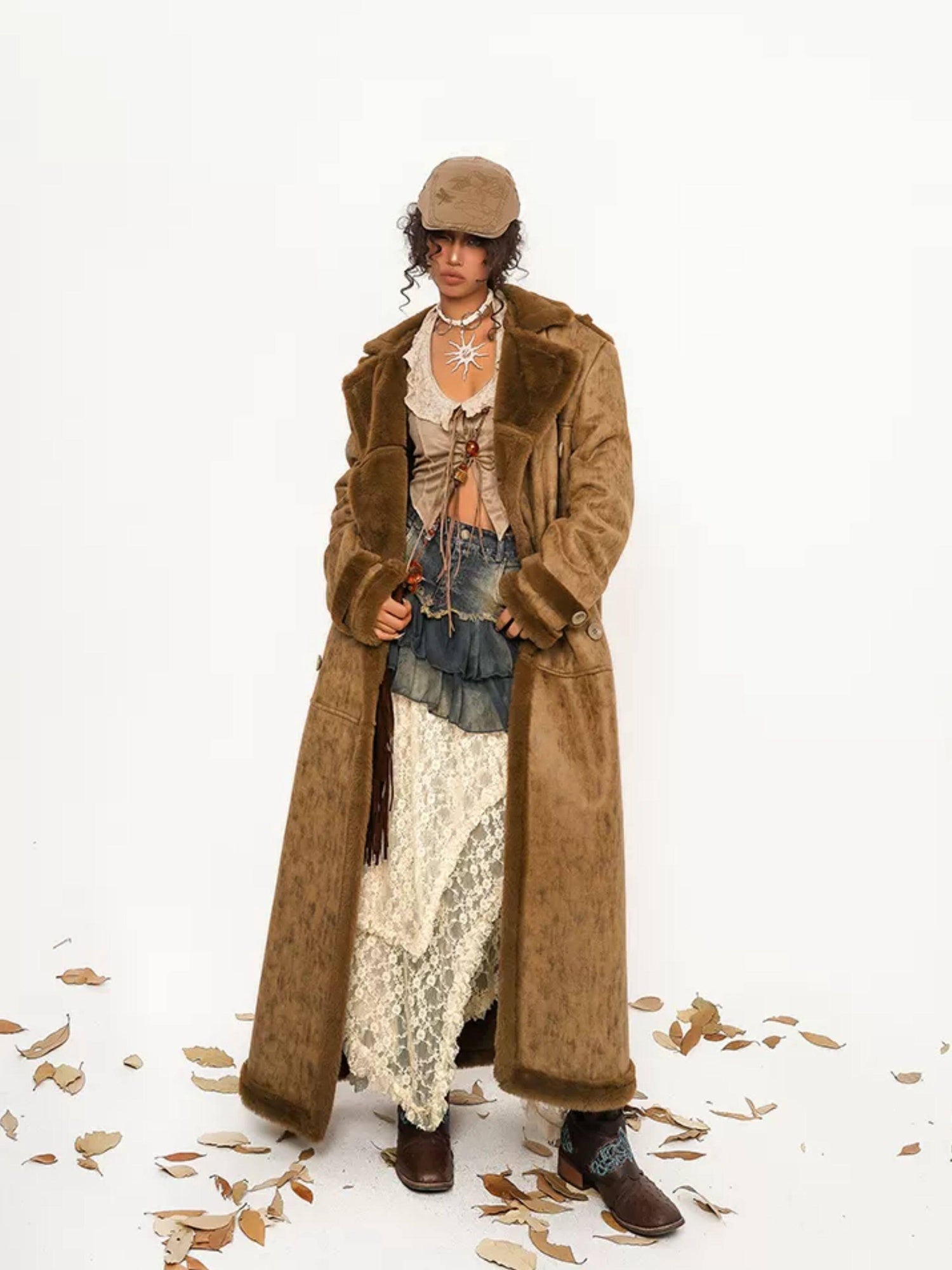 Nico Molly Faux Shearling Lined Vintage 3 Button Relaxed Fit Unisex Camel Long Coats