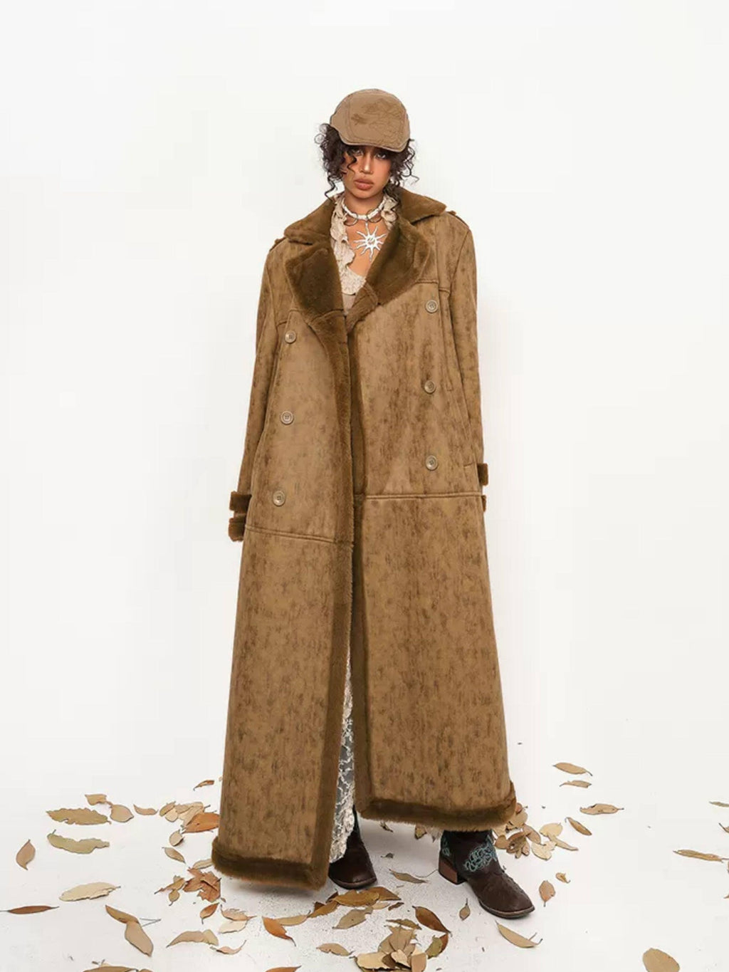 Nico Molly Faux Shearling Lined Vintage 3 Button Relaxed Fit Unisex Camel Long Coats