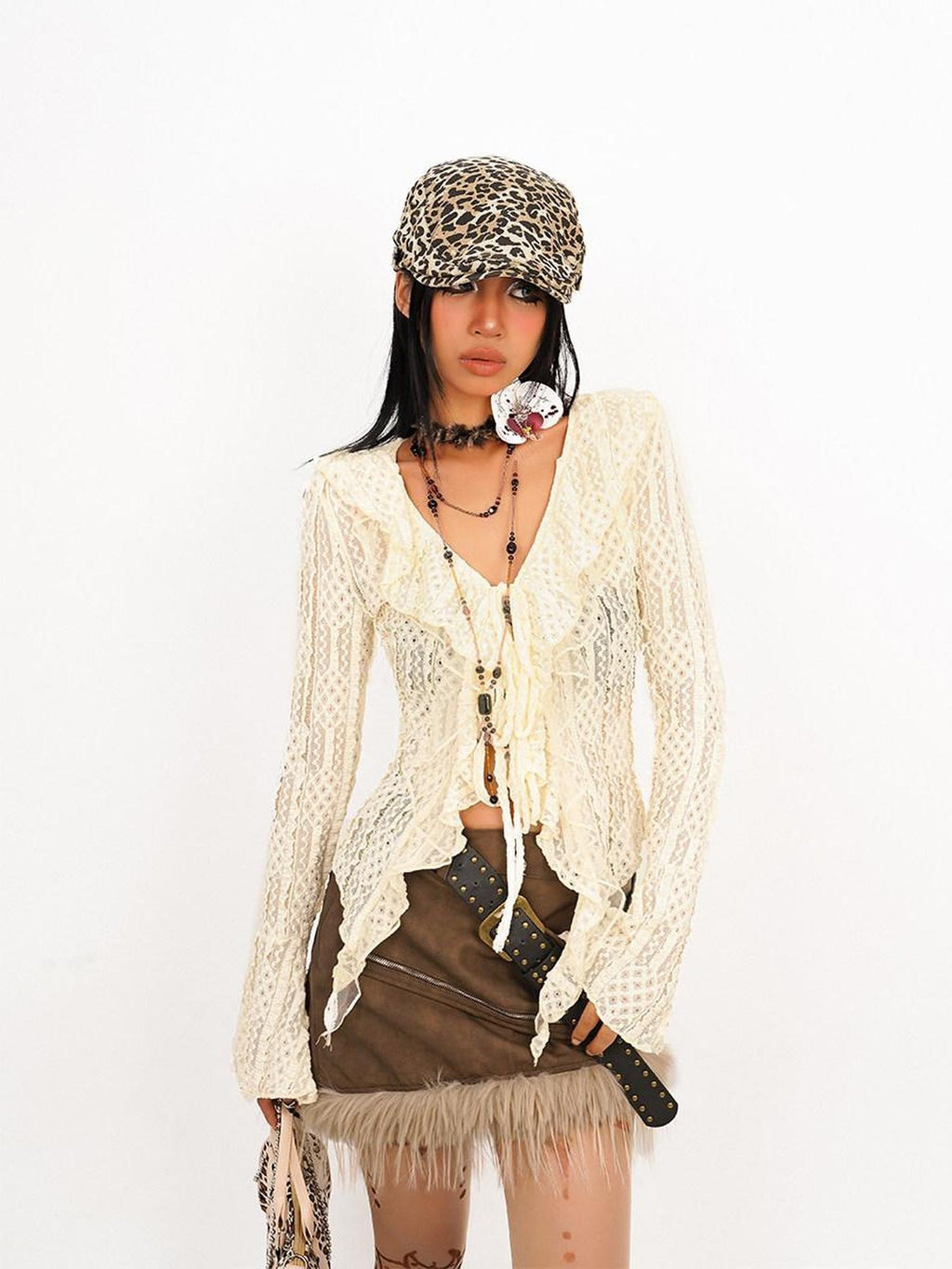 Nico Molly Figure Flattering Vintage Lace Ruffle Bell Sleeve V-neck Tie Front Women Blouses