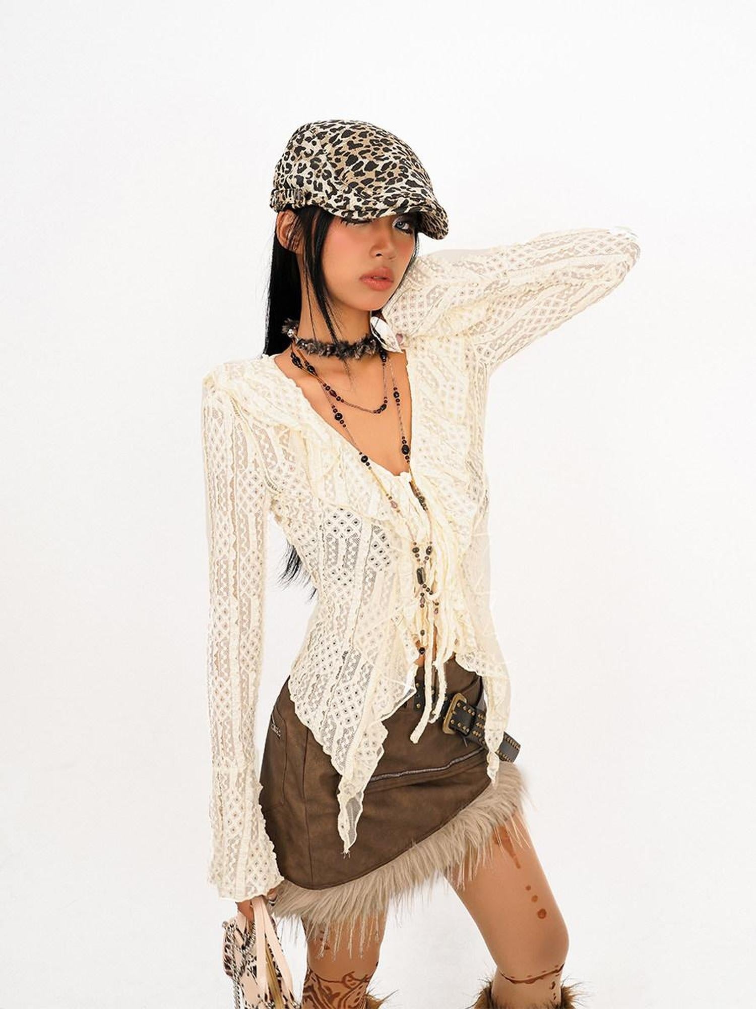 Nico Molly Figure Flattering Vintage Lace Ruffle Bell Sleeve V-neck Tie Front Women Blouses