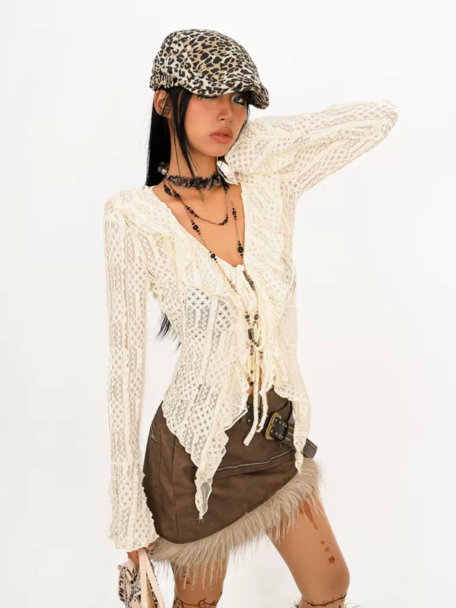 Nico Molly Figure Flattering Vintage Lace Ruffle Bell Sleeve V-neck Tie Front Women Blouses