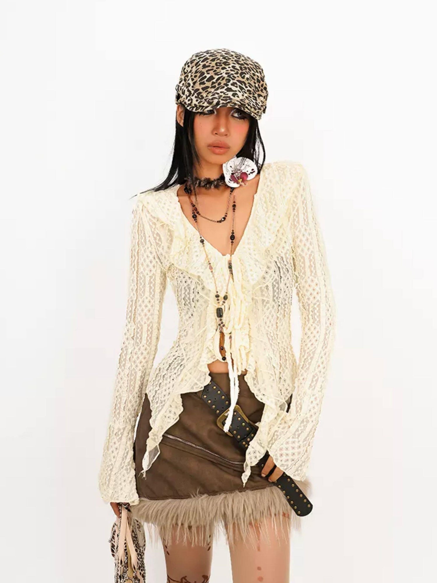 Nico Molly Figure Flattering Vintage Lace Ruffle Bell Sleeve V-neck Tie Front Women Blouses