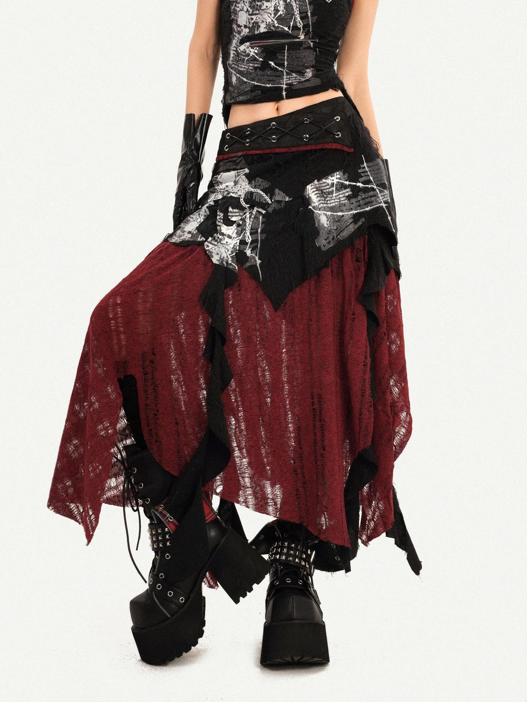 Nico Molly Flattering High Waist Asymmetric A Line Women Black Red Back Zip Maxi Skirts