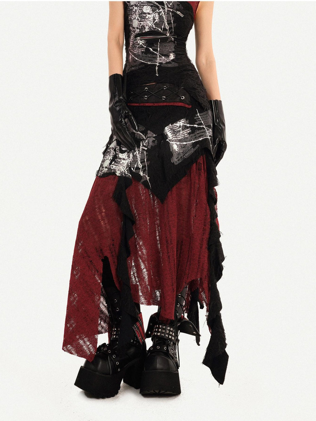 Nico Molly Flattering High Waist Asymmetric A Line Women Black Red Back Zip Maxi Skirts