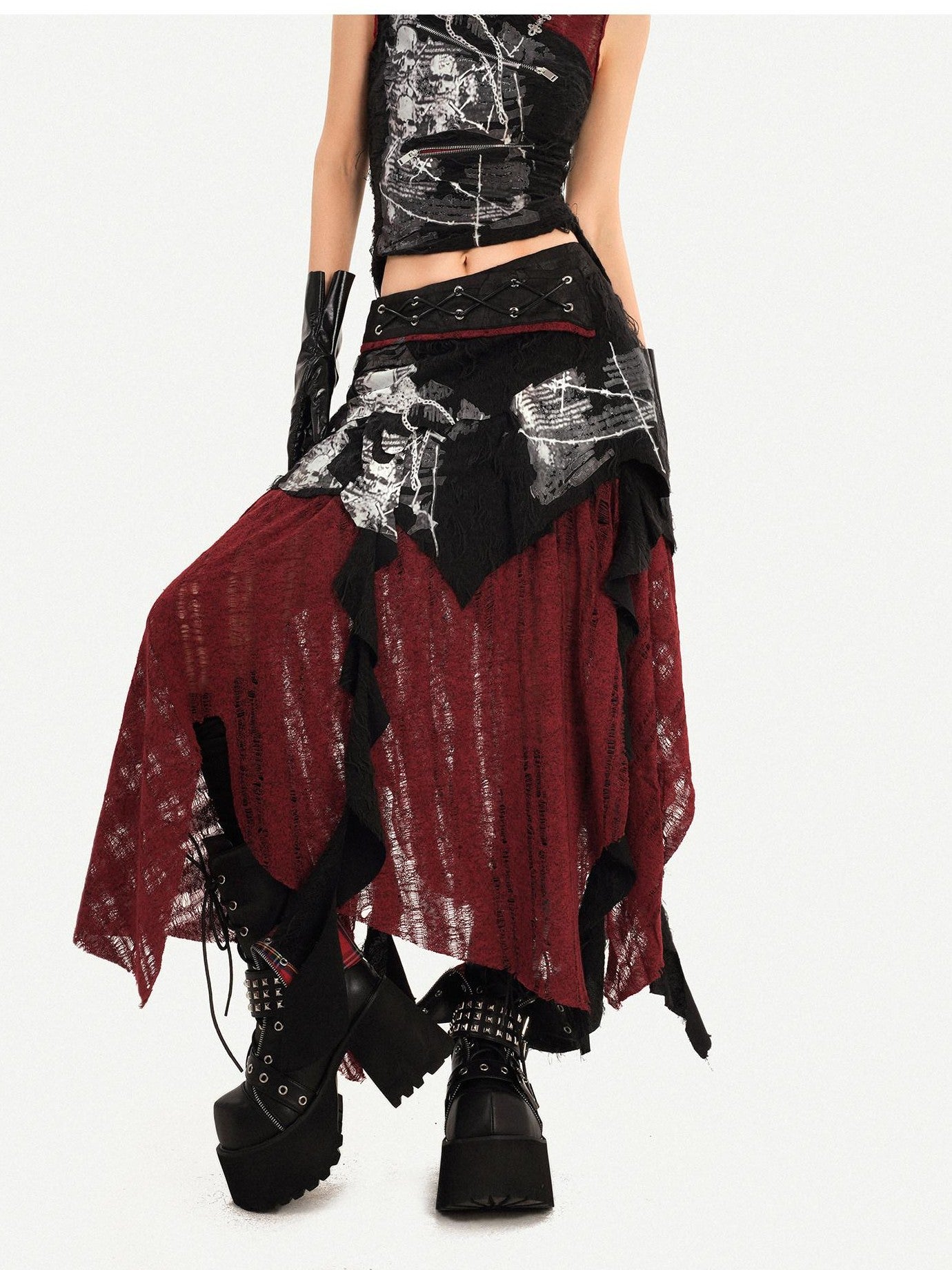 Nico Molly Flattering High Waist Asymmetric A Line Women Black Red Back Zip Maxi Skirts