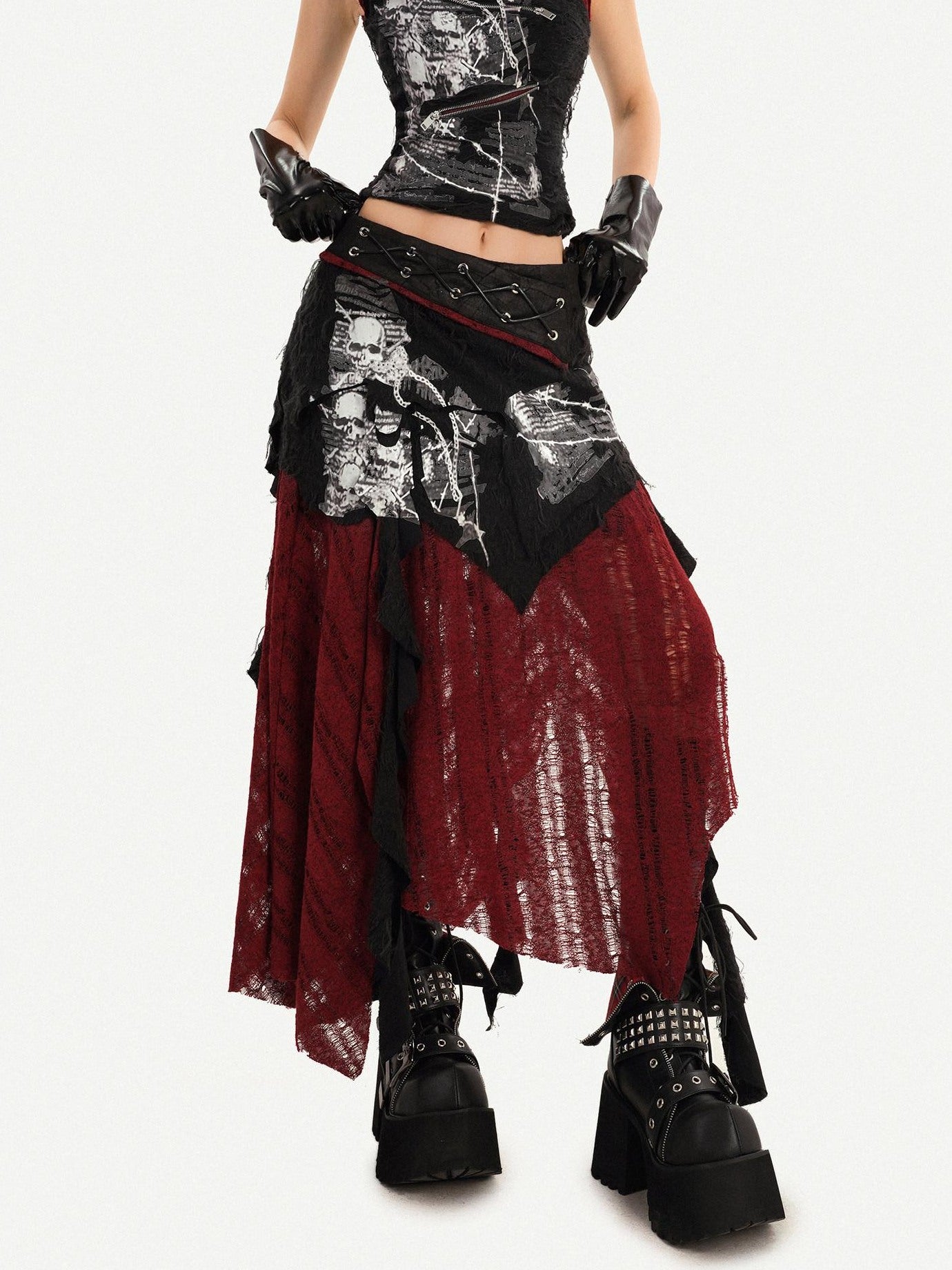 Nico Molly Flattering High Waist Asymmetric A Line Women Black Red Back Zip Maxi Skirts