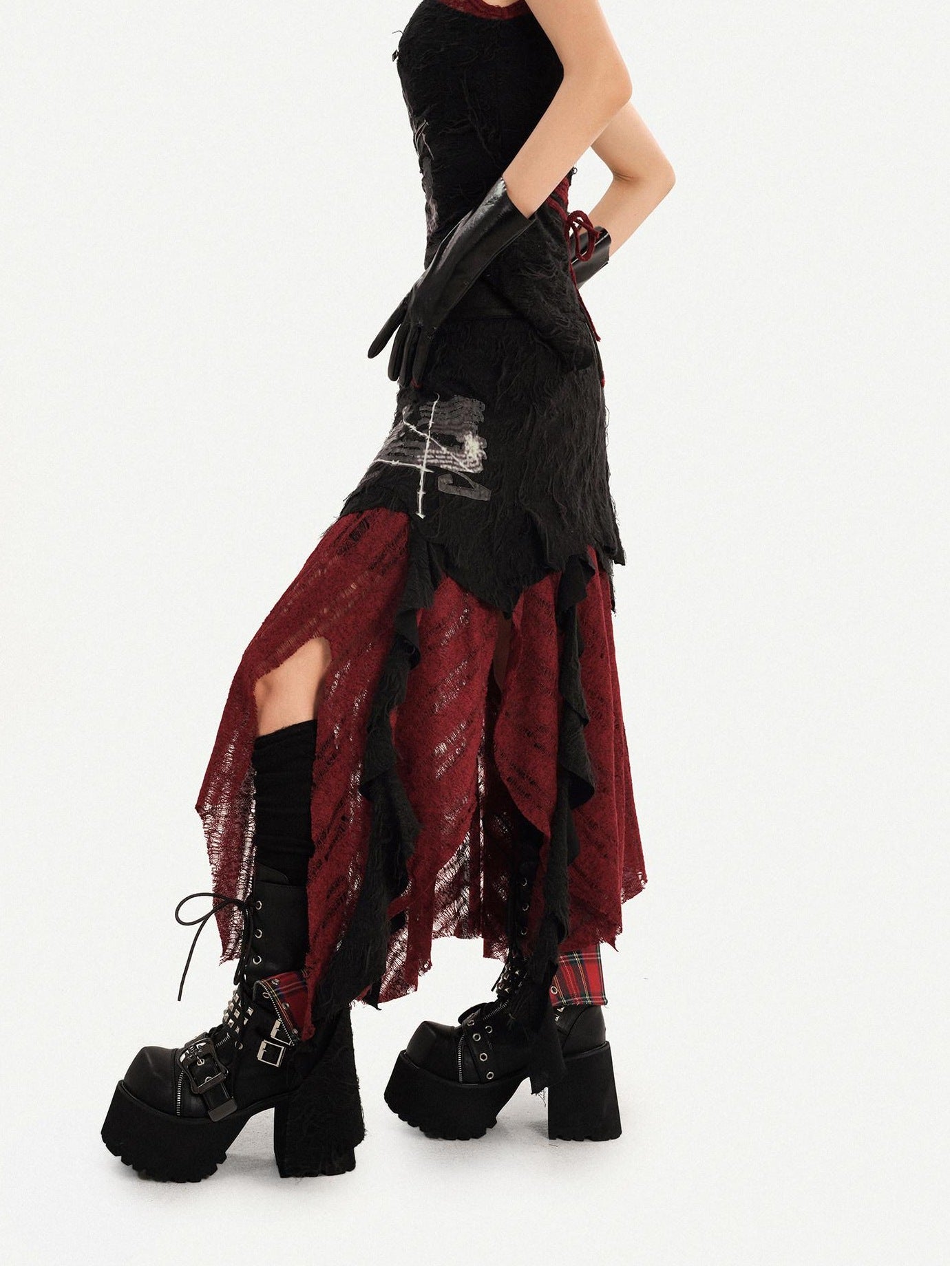 Nico Molly Flattering High Waist Asymmetric A Line Women Black Red Back Zip Maxi Skirts