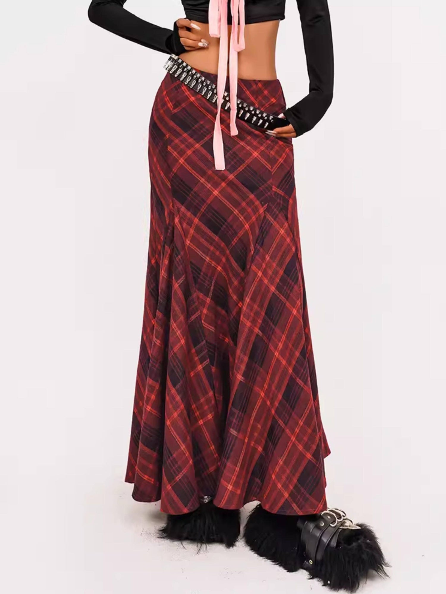Nico Molly Flattering High Waist Pleated Streetwear A Line Women Casual Red Maxi Skirts