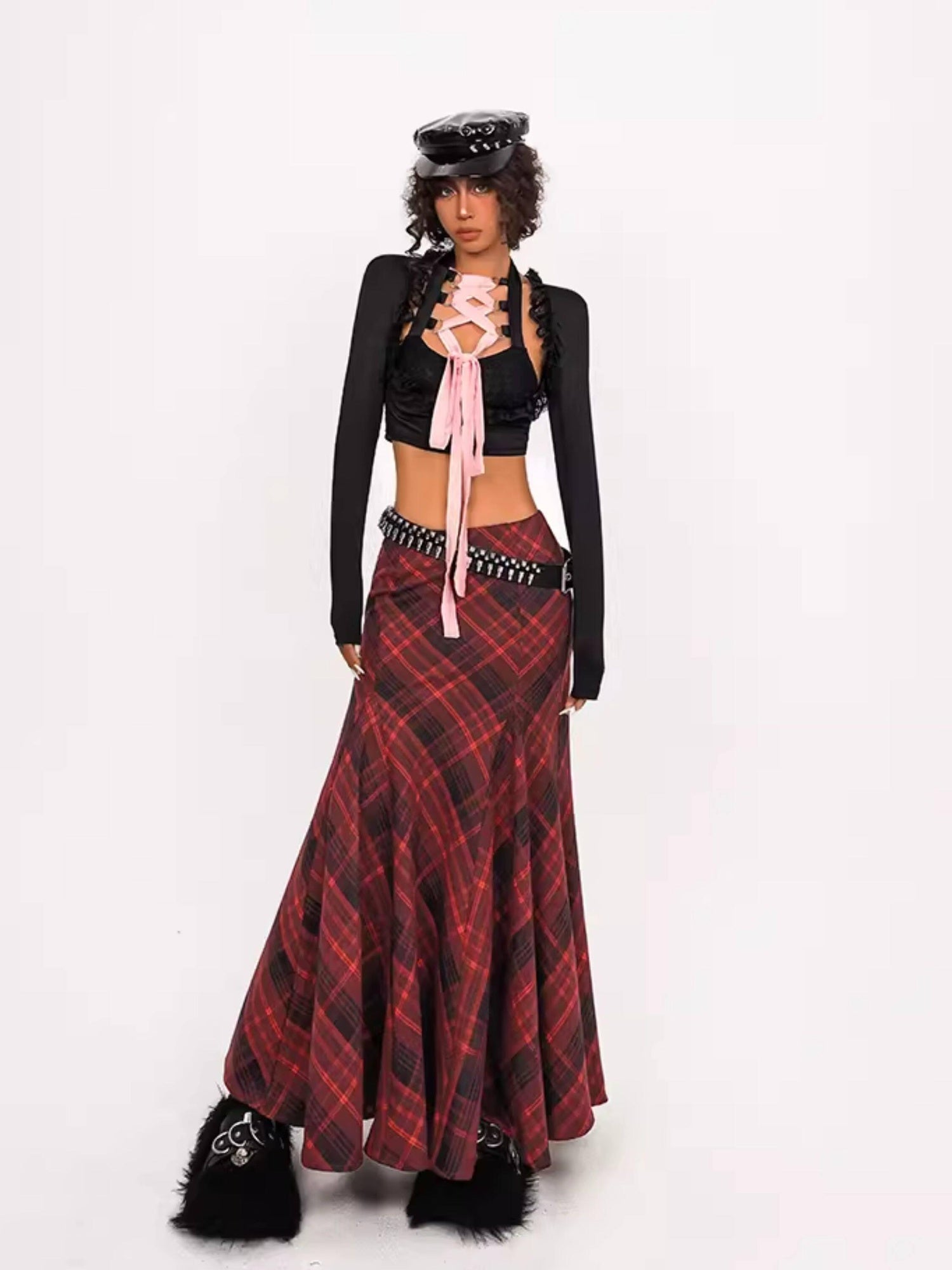 Nico Molly Flattering High Waist Pleated Streetwear A Line Women Casual Red Maxi Skirts