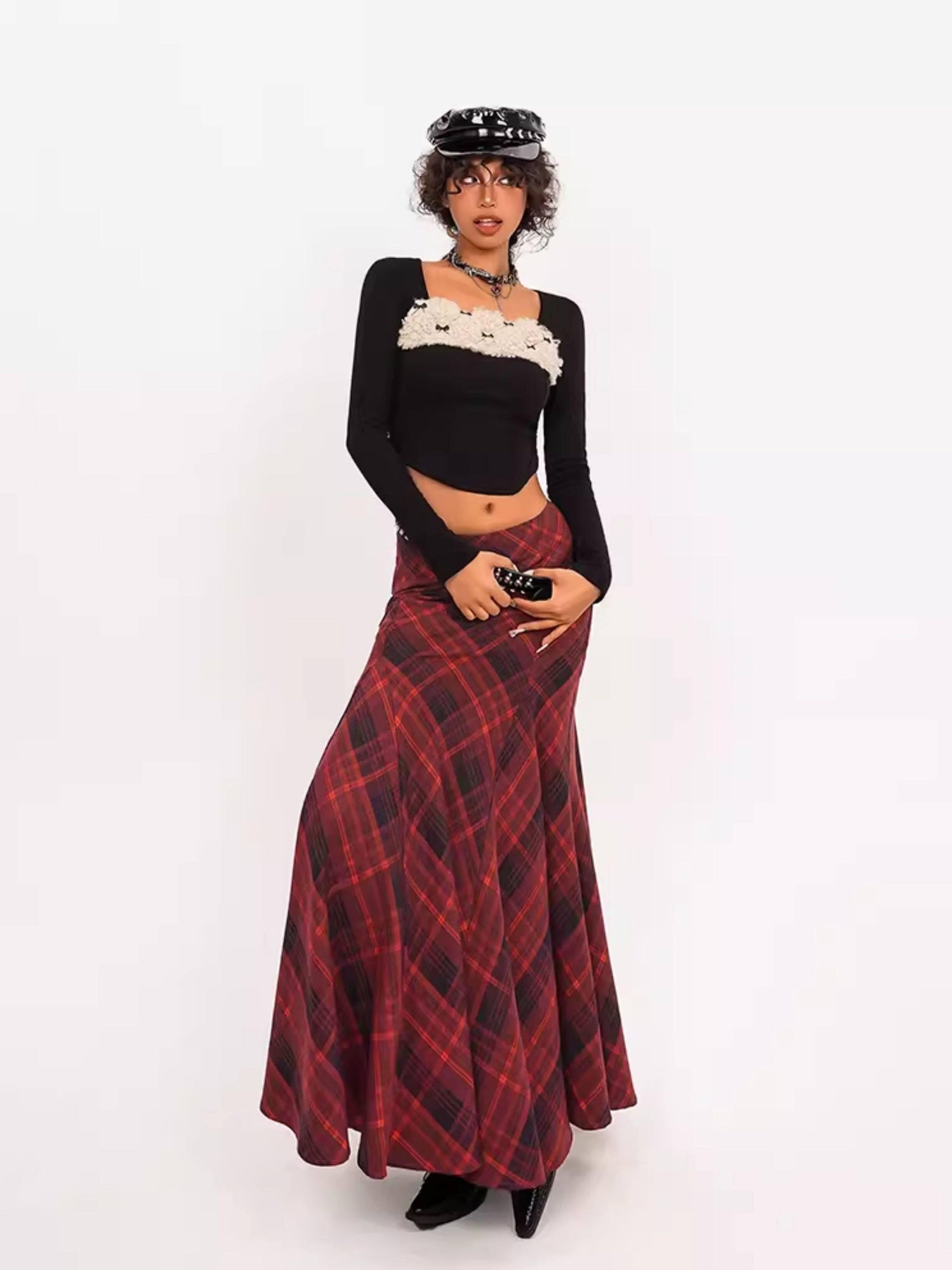 Nico Molly Flattering High Waist Pleated Streetwear A Line Women Casual Red Maxi Skirts