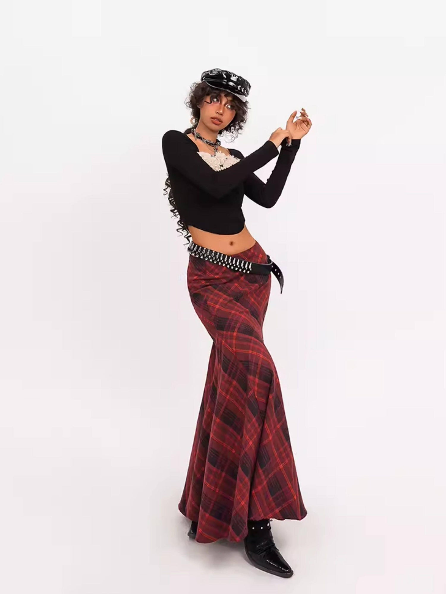Nico Molly Flattering High Waist Pleated Streetwear A Line Women Casual Red Maxi Skirts