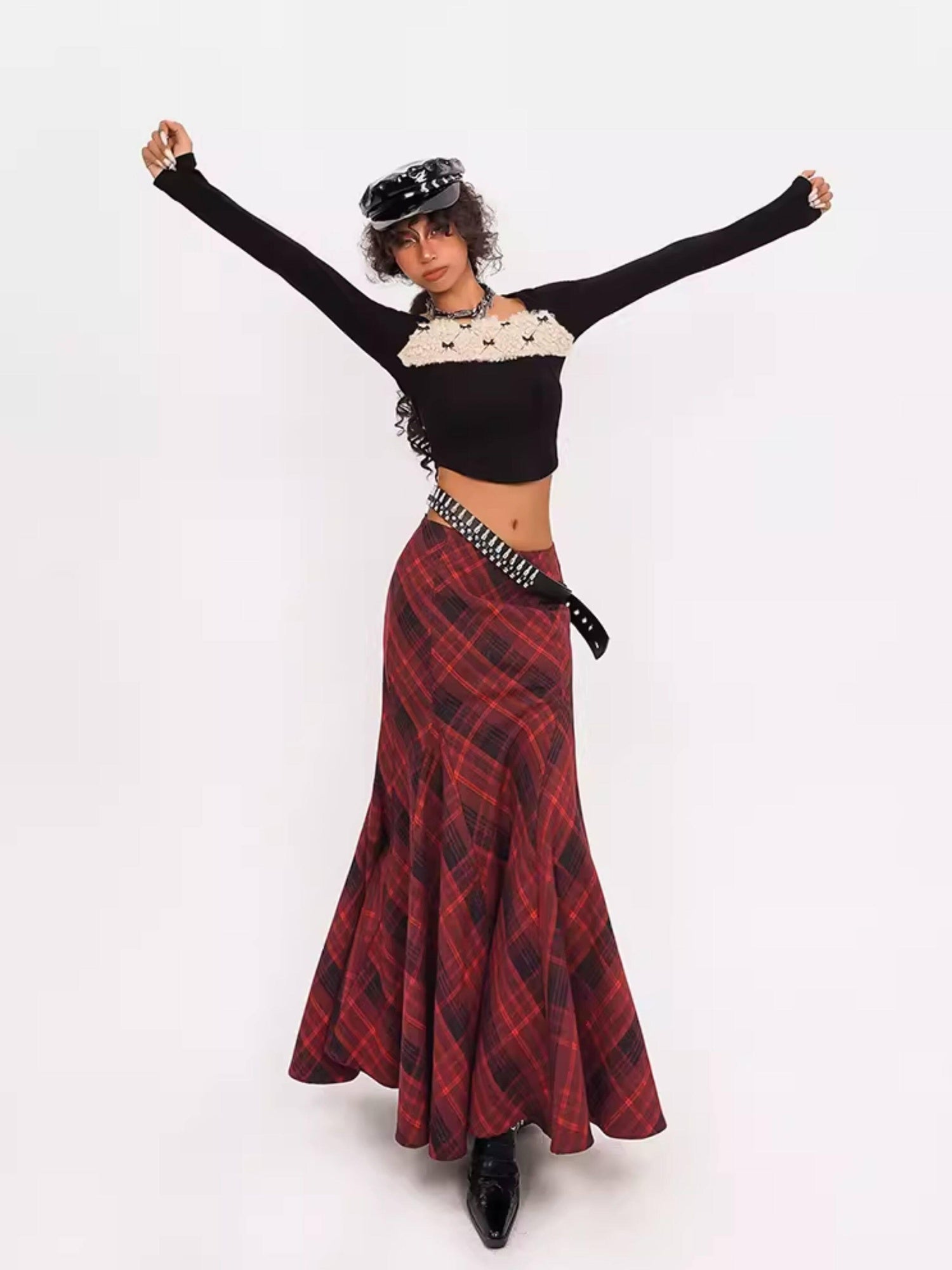 Nico Molly Flattering High Waist Pleated Streetwear A Line Women Casual Red Maxi Skirts