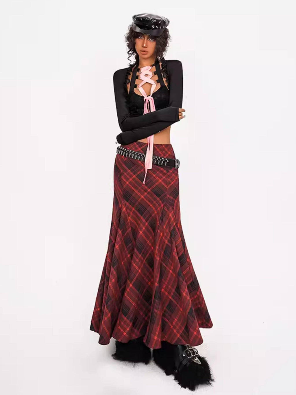 Nico Molly Flattering High Waist Pleated Streetwear A Line Women Casual Red Maxi Skirts