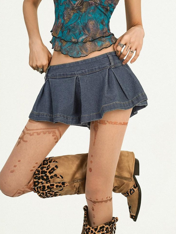 Nico Molly Flattering Low Waist Pleated A Line Slim Fit Solid Dark Blue Youth Mini Skirts